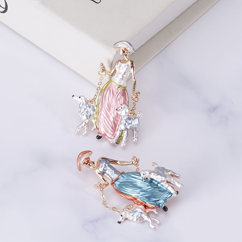 Enamel Brooch Girl Walking Dog Cartoon Animal Cute Jewelry Accessories