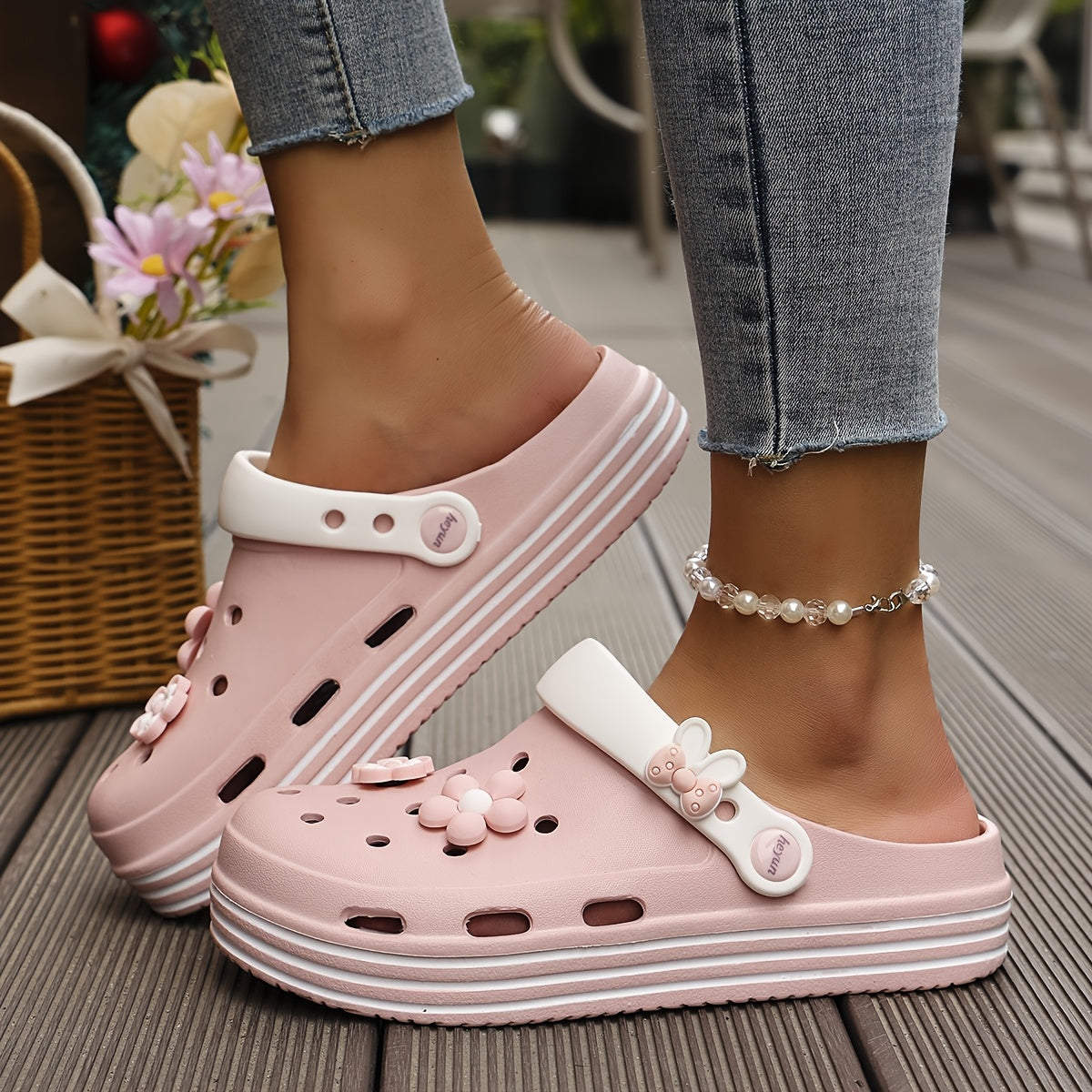 Женские EVA слепоны для сада с цветочным декором бело-розовые