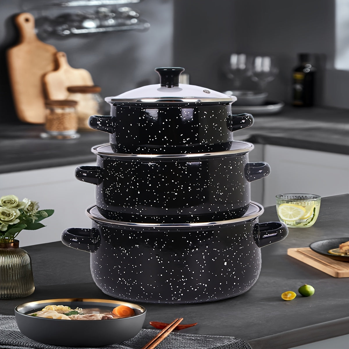 Enamel Cooking Pot Set for Stews and Soups, Lightweight, Induction Compatible