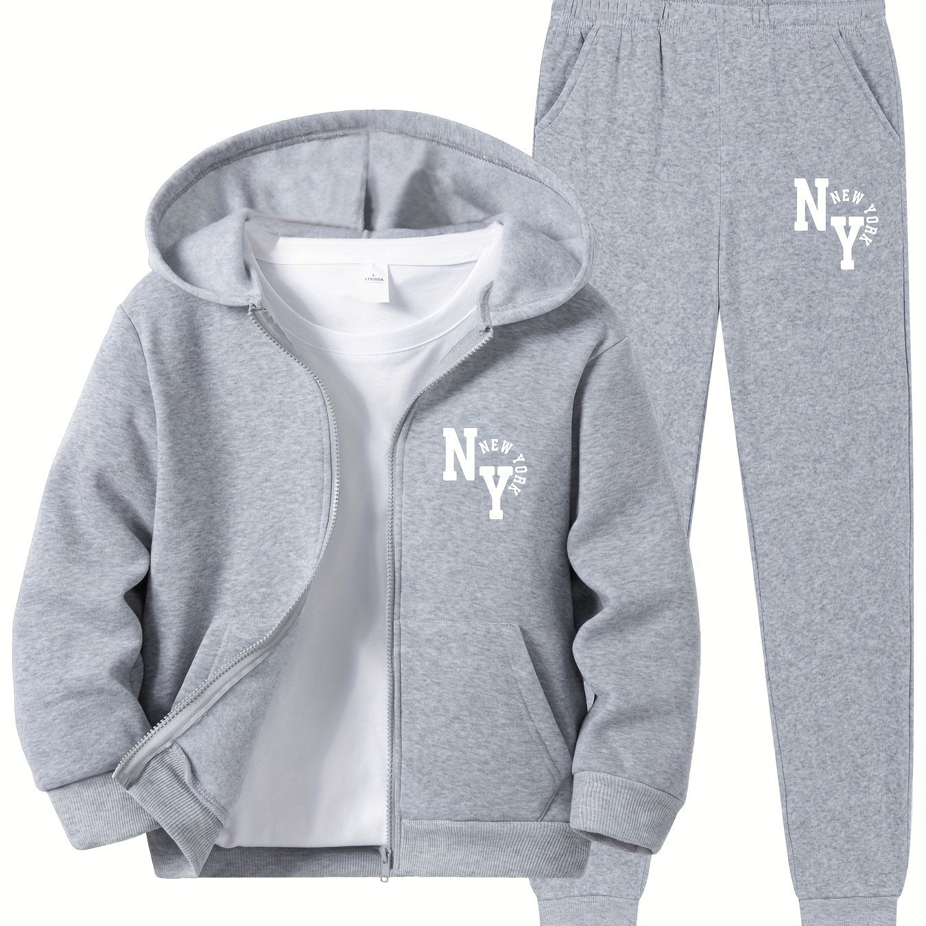 Boys Hoodie Set with New York Letter Print Long Sleeve Zip-Up Sports Jacket and Pants Fall Winter Casual