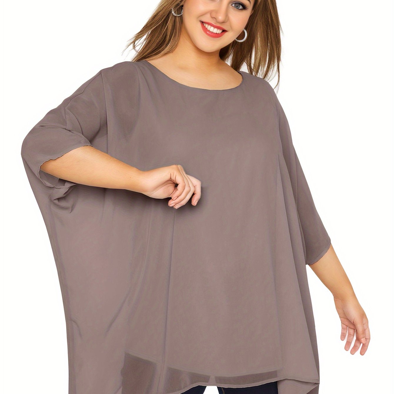 Plus Size Women's Batwing Sleeve Casual Crew Neck Solid Top