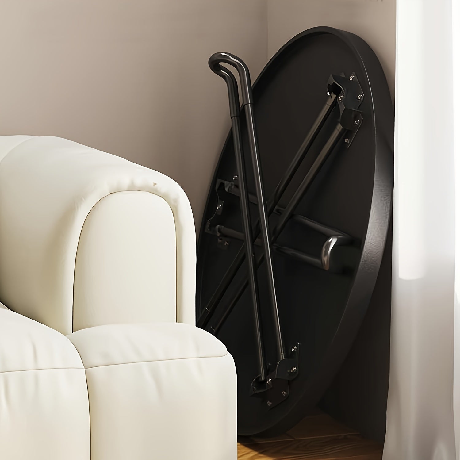 Small Round Folding Coffee Table with Tray Surface and Three Legs for Living Room or Bedroom