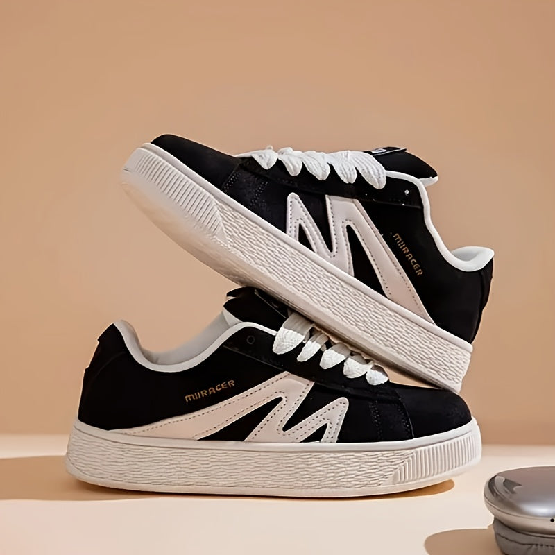 Women's Low-Top Lace-Up Sneakers Black White Synthetic Casual Shoes All-Season Comfort
