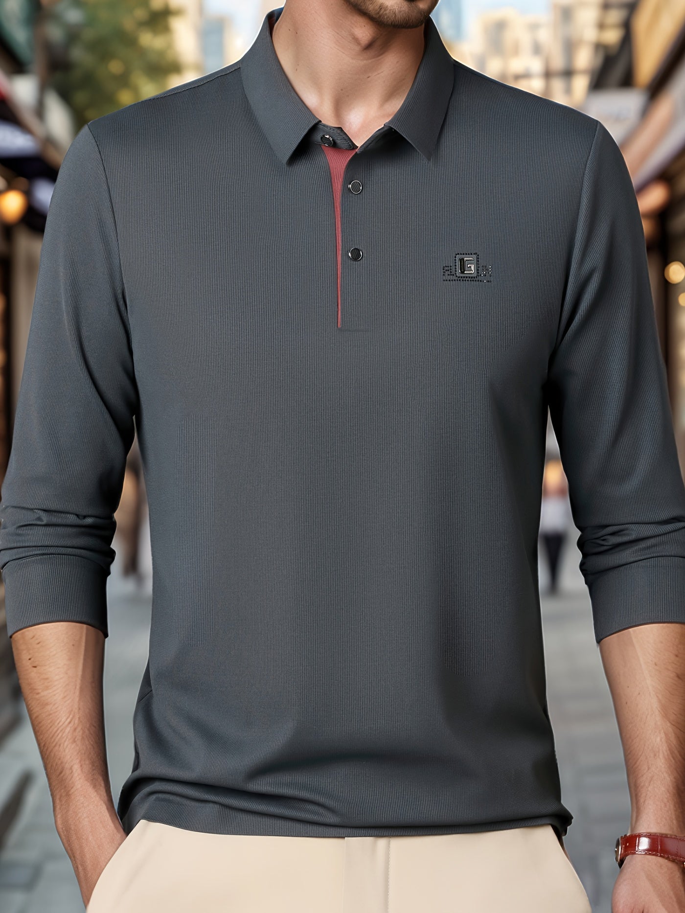 Camisa polo de golf para hombre con cuello de letras y poliéster spandex sólido