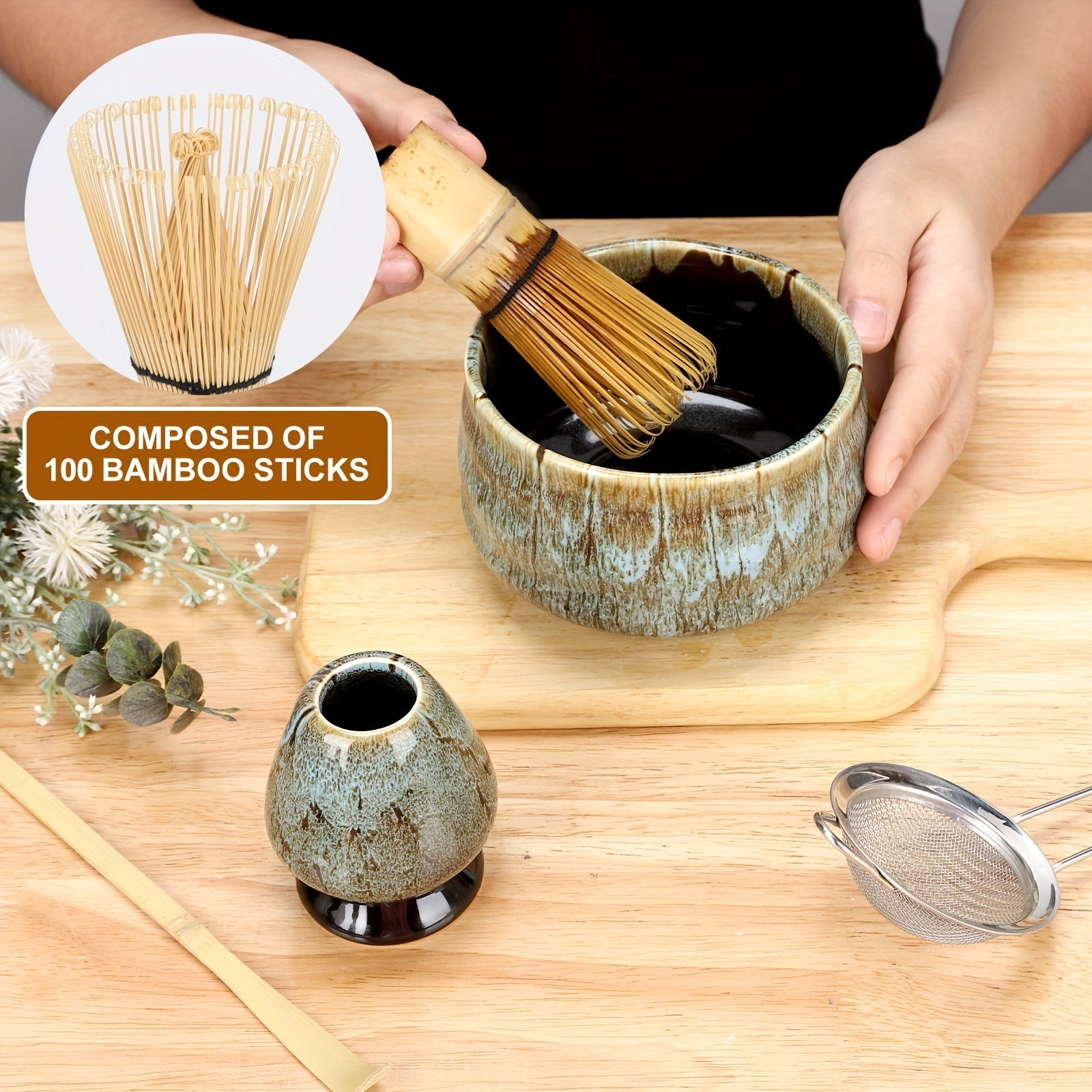 Set de ceremonia de té Matcha con tazas de cerámica azul y accesorios para regalo