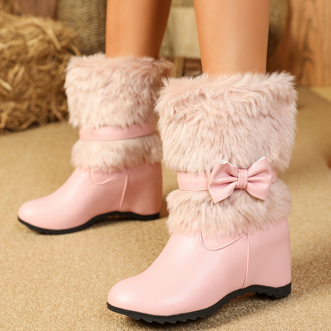 Women's Plush Winter Boots - Slip-On Mid-Calf Riding Shoes with Thick Sole
