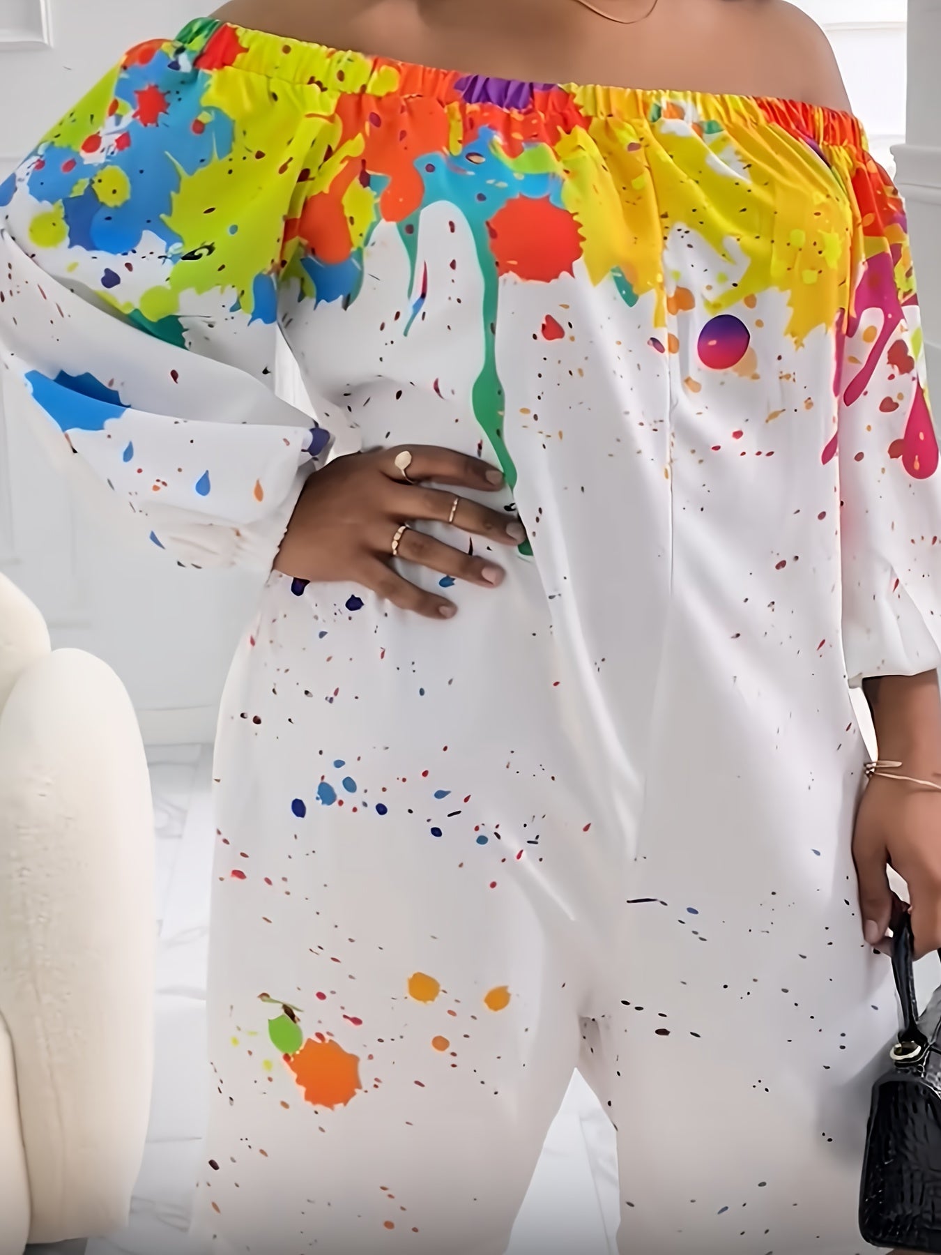 Women's Plus Size Splash Ink Print Off Shoulder Romper Long Sleeve Casual Clothing