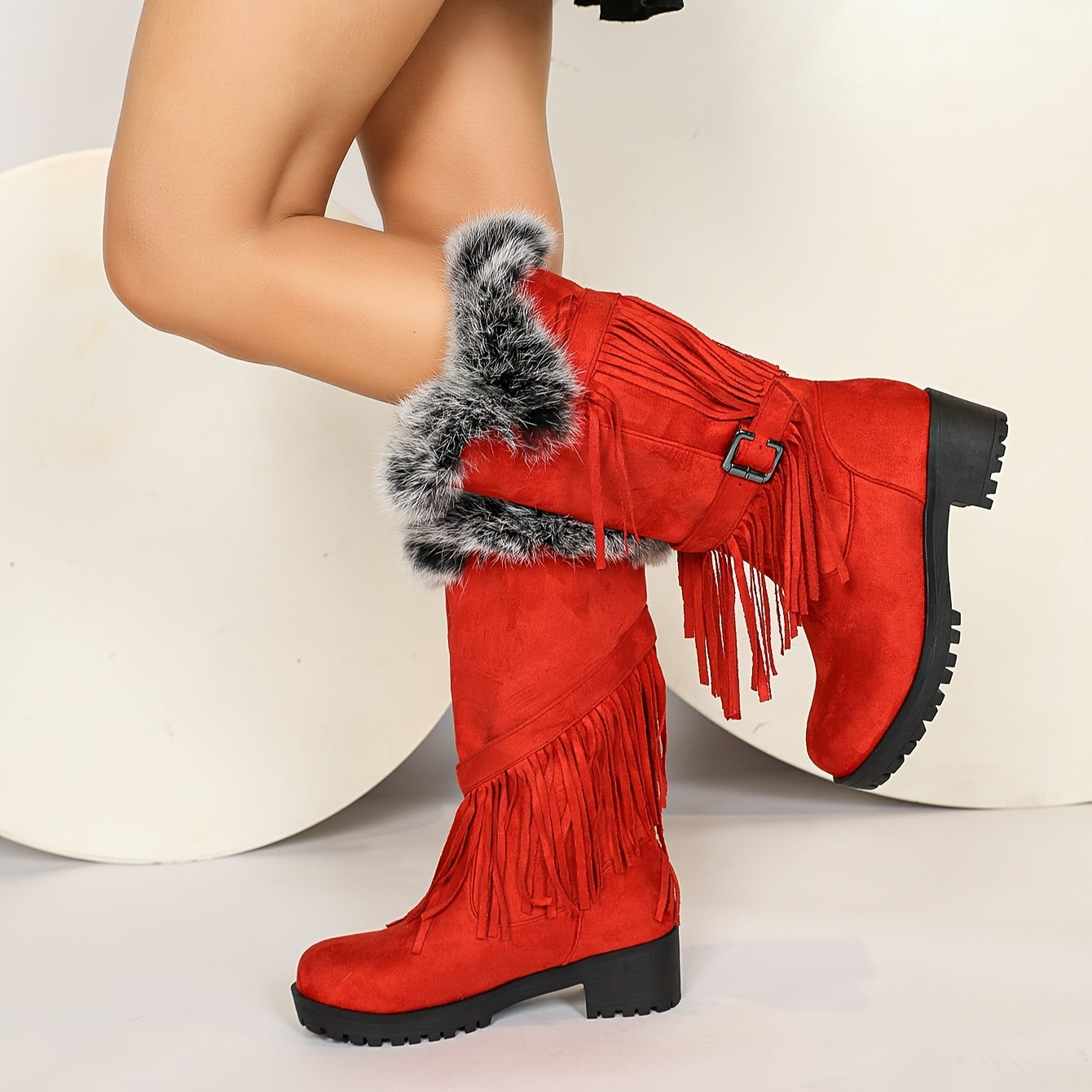 Женские зимние сапоги до середины икры с искусственным мехом, бахромой, в стиле combat, на slip-on, с круглым носком