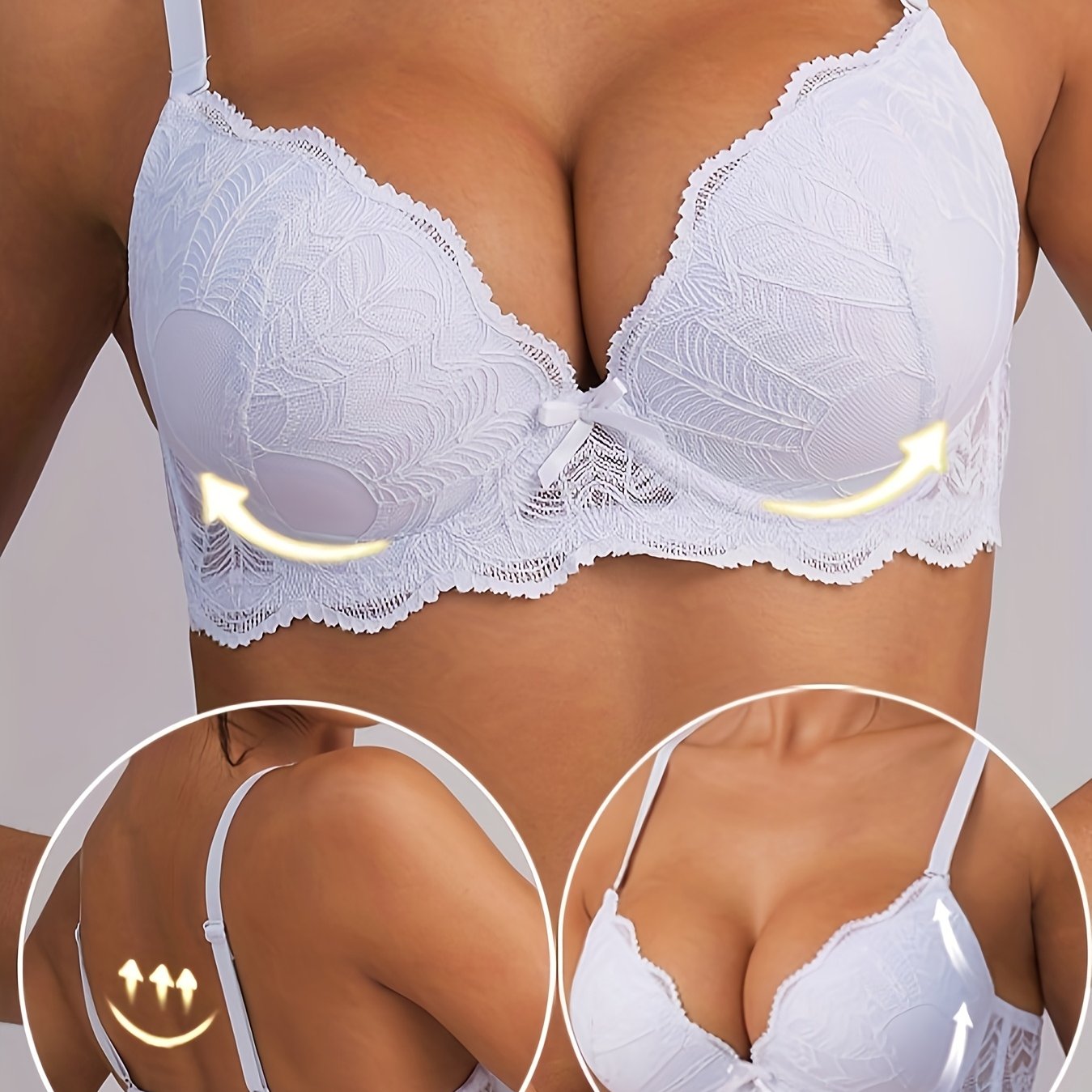 Women's Lace Push Up Bra with Underwire and Bow Detail Comfortable Breathable Lingerie