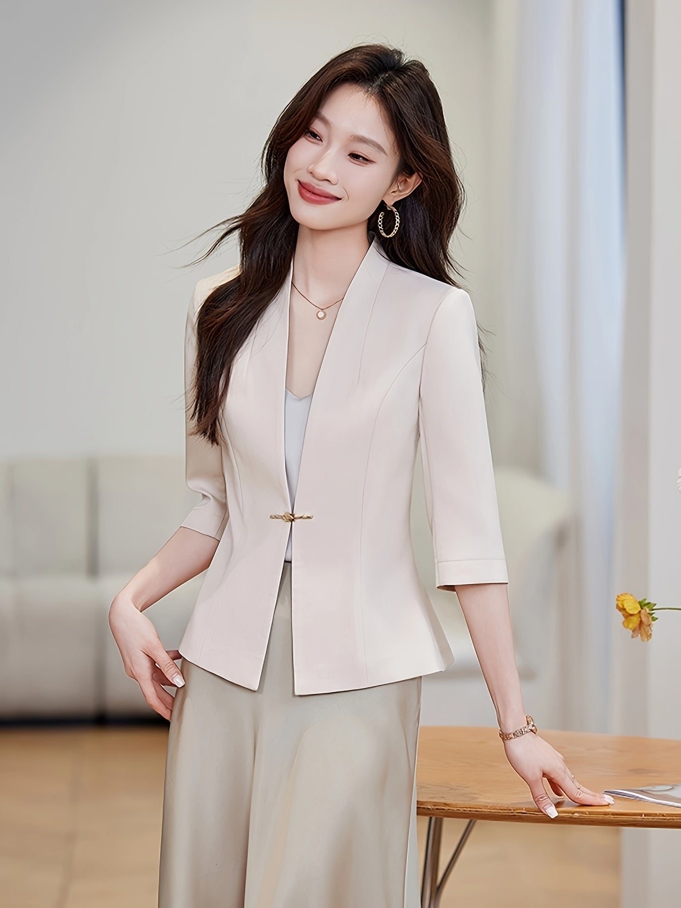 Women's Pink Satin Blazer Lightweight Three-Quarter Sleeve Office Casual