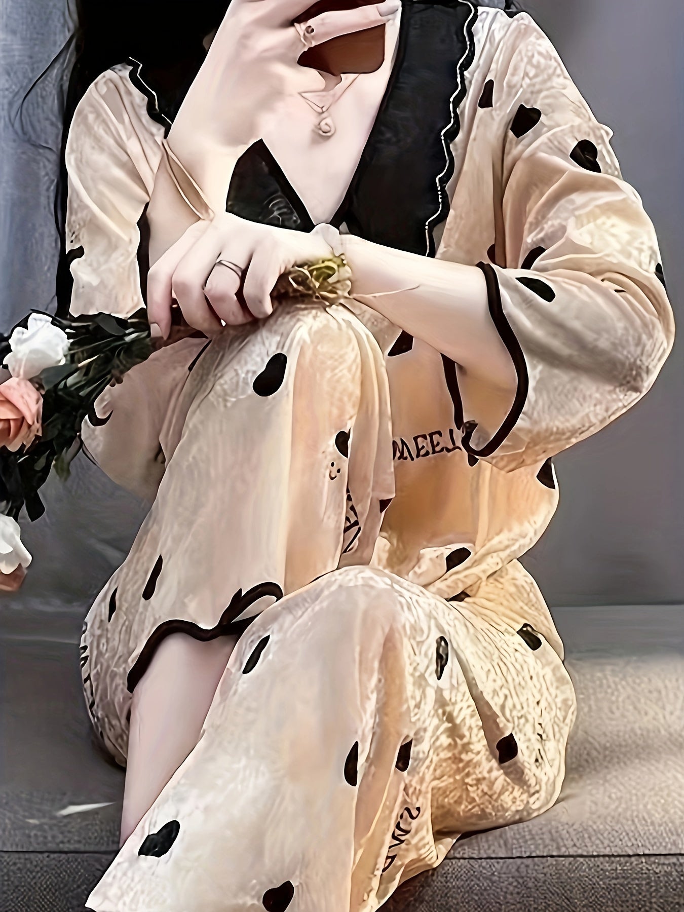 Women’s Gold Velour Pajama Set with Beaded Details for All Seasons