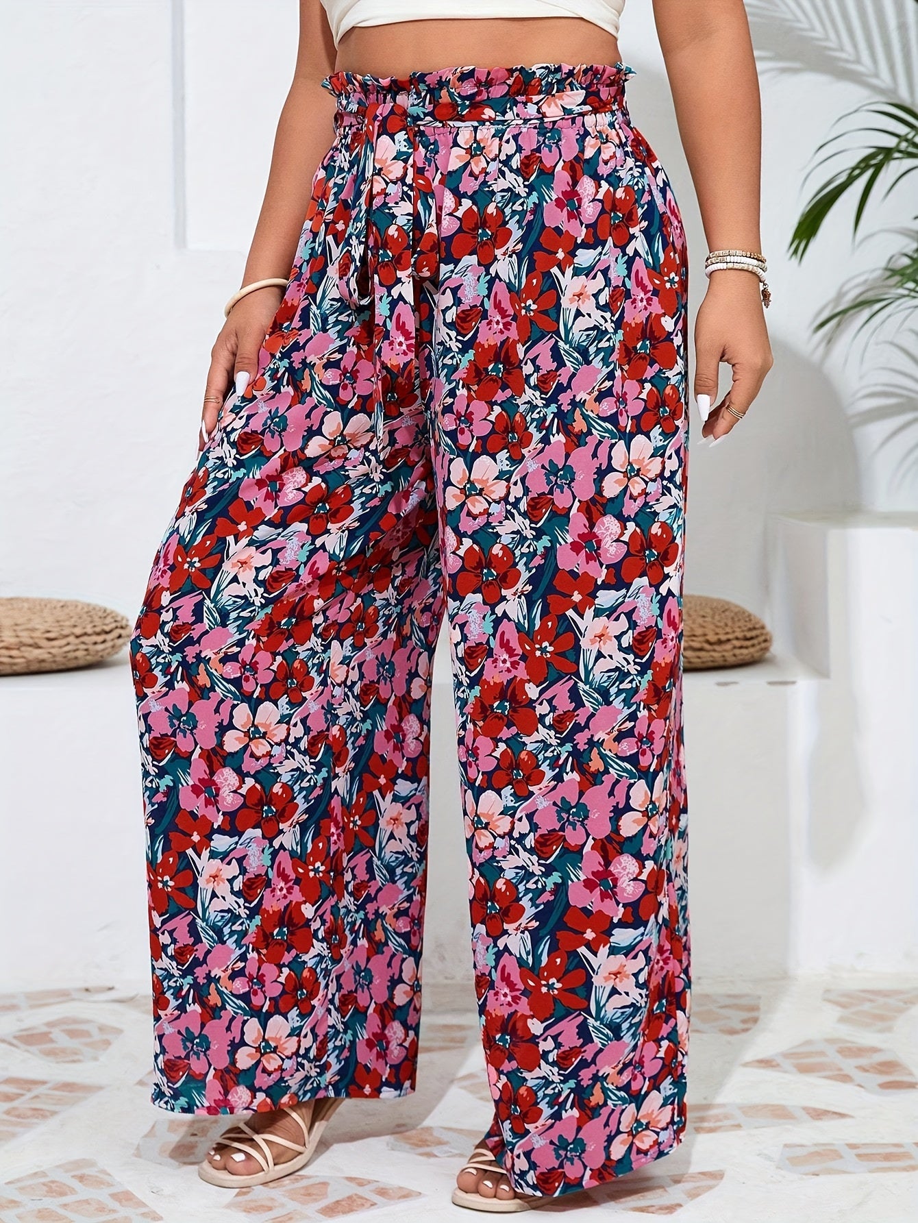 Plus Size Women's Floral Print Wide Leg Pants Casual Relaxed Fit Durable Trousers