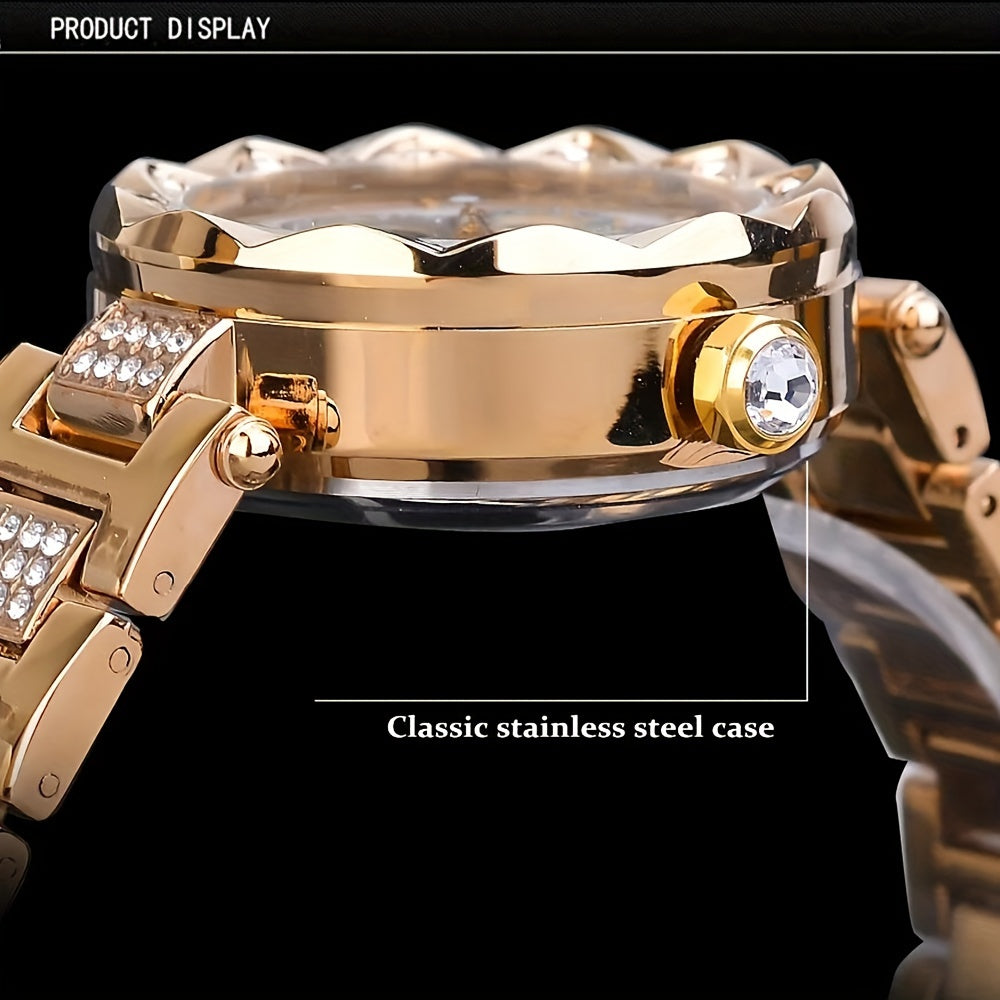 Women's Mechanical Watch Rhinestone Flower Skeleton Stainless Steel Wristband