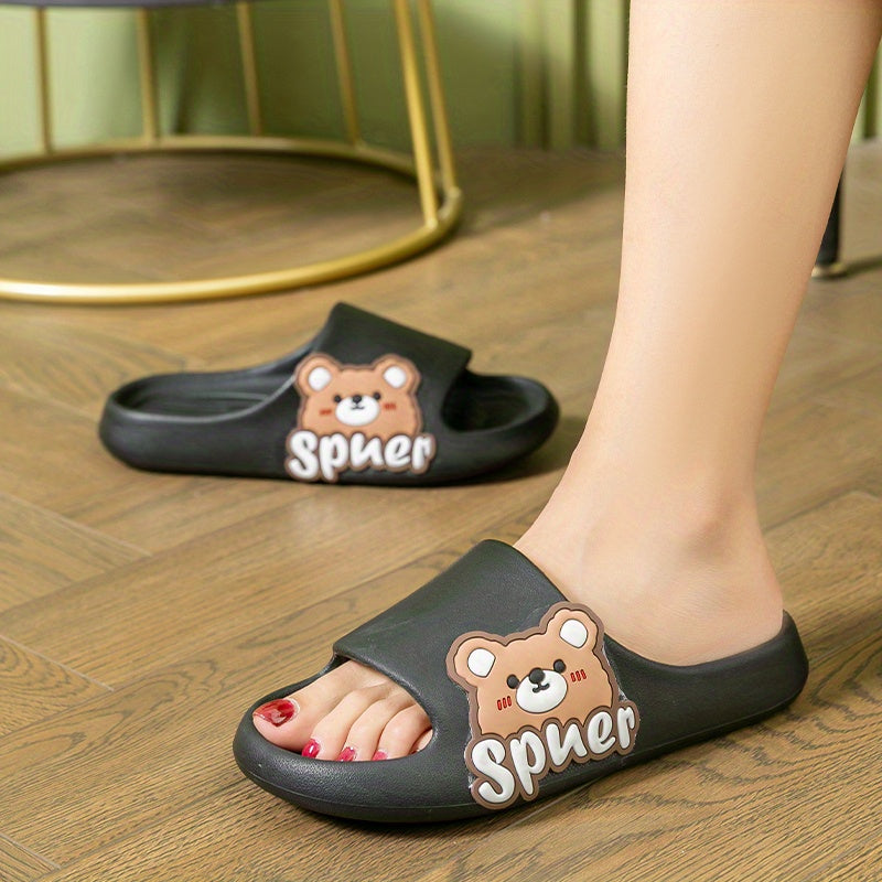 Women's Cartoon Bear Print Slides Casual Soft Sole Pillow Shoes