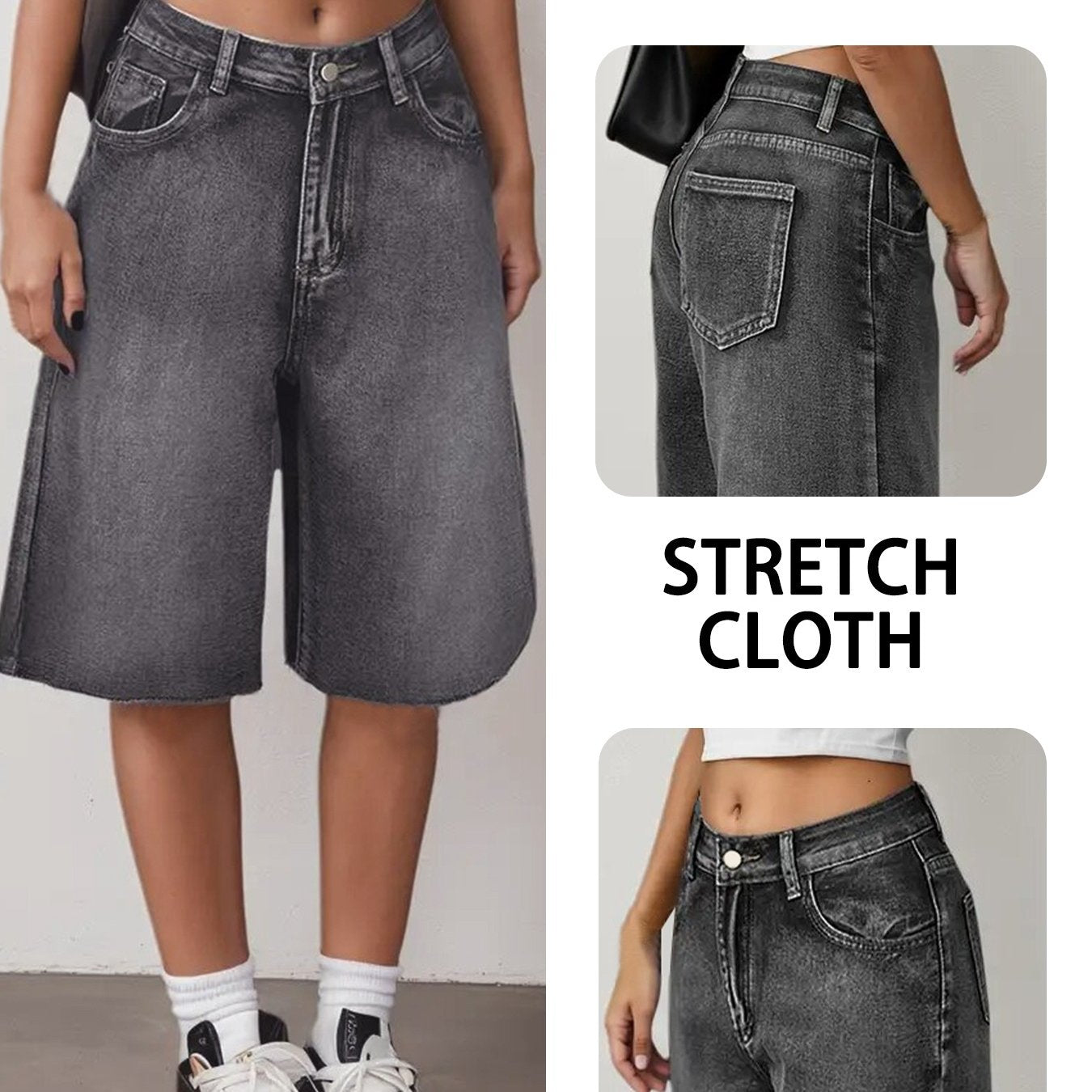 Plus Size Women's Denim Shorts Water-Washed Blue Frayed Hem Casual