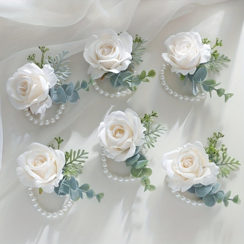 Romantic Wrist Corsage with Roses and Faux Pearls for Weddings and Parties