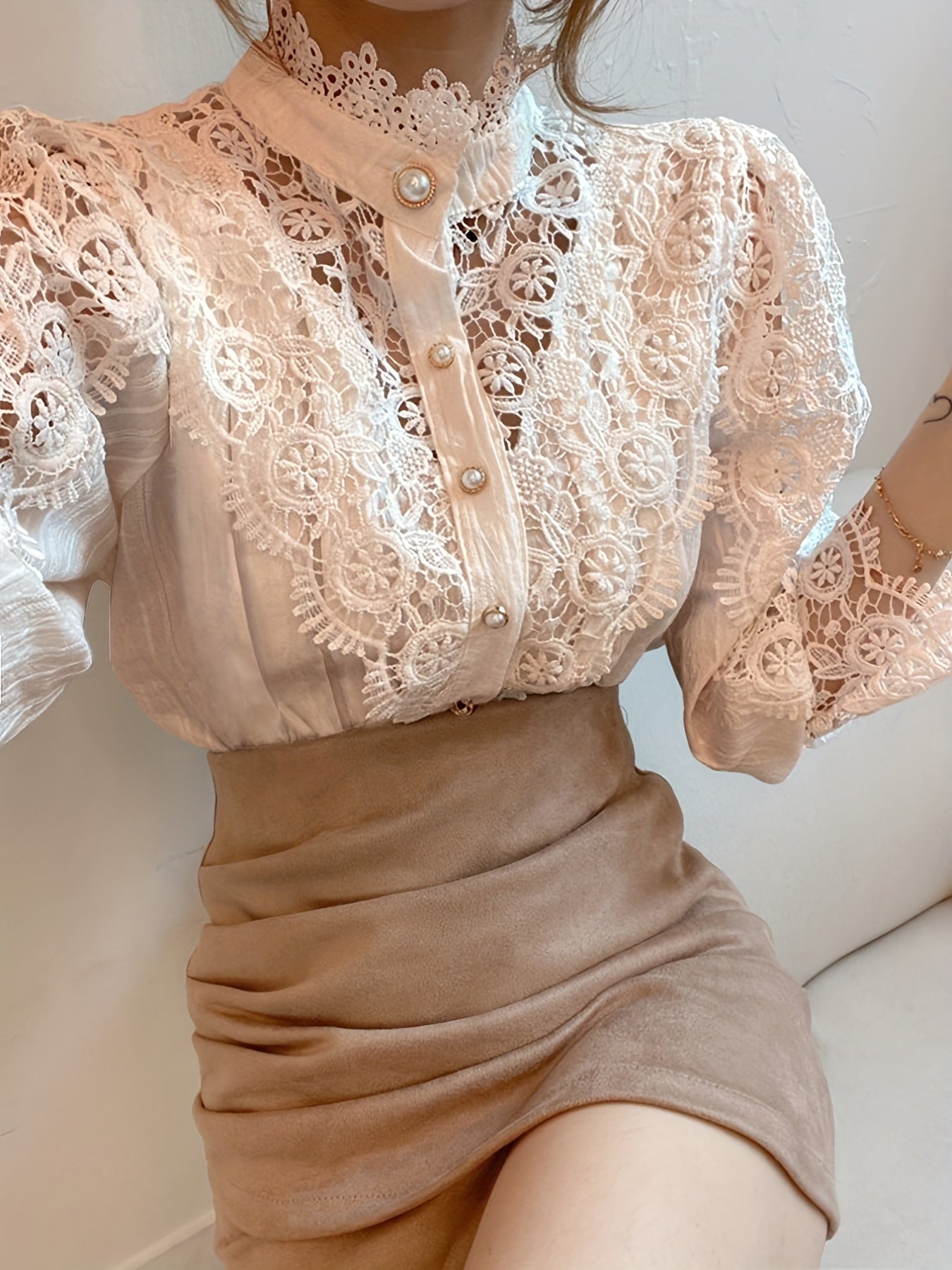 Victorian Lace Blouse for Women with Pearl Buttons Floral Pattern Long Sleeve Woven Cotton Polyester Top