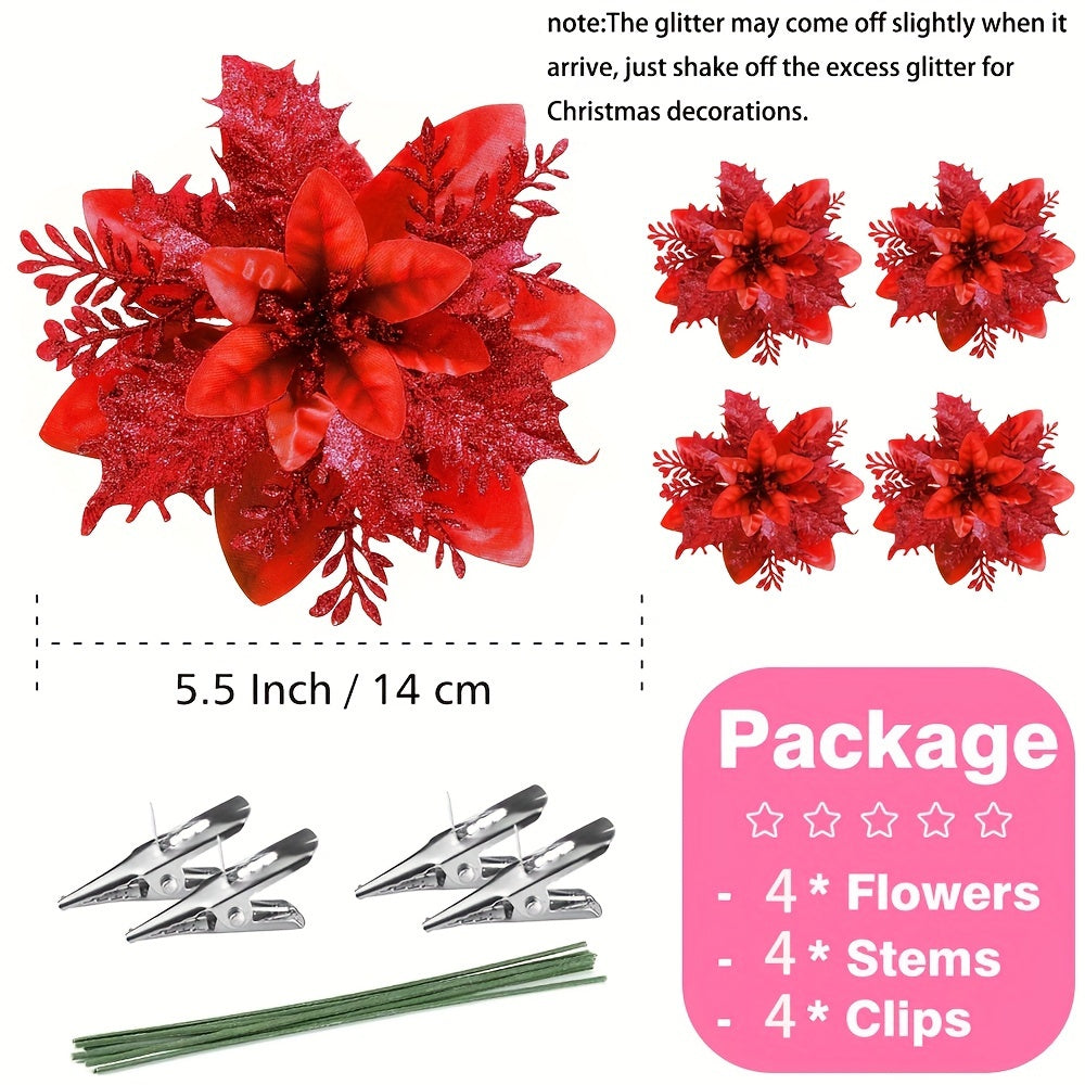 Artificial Flowers Set of 4 Red 5.5 Inch Stems with Clips for Decorations