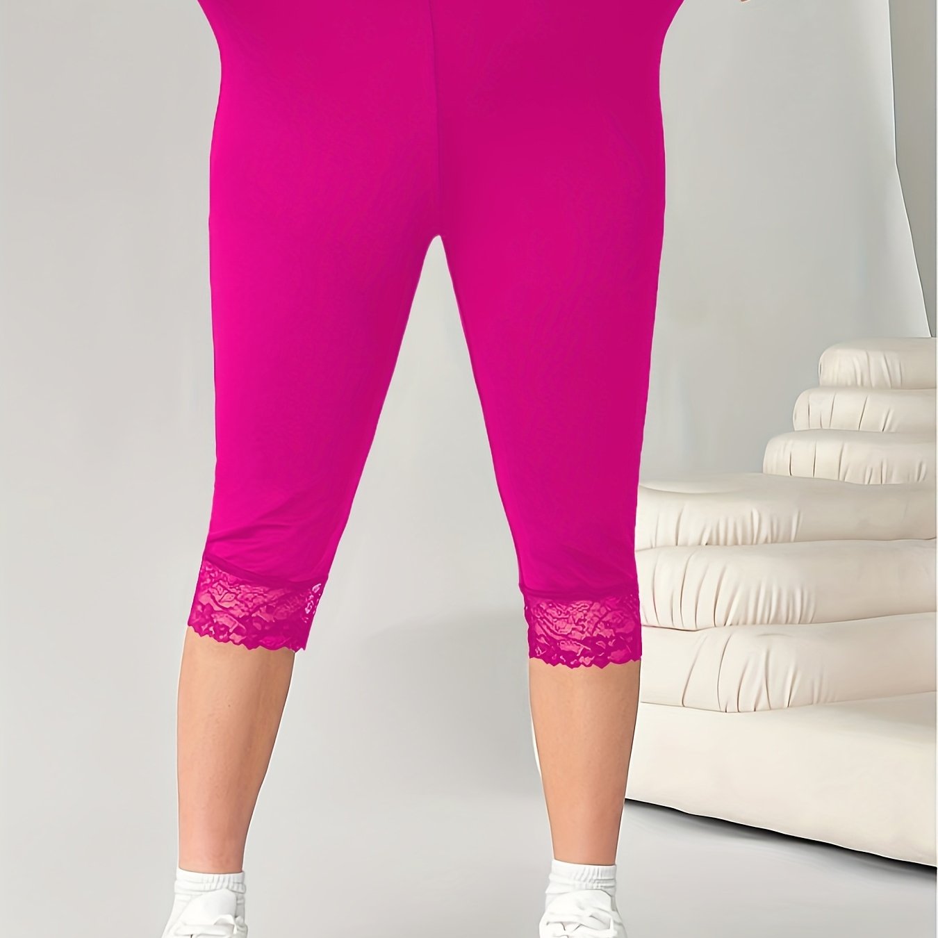 Women's Plus Size Black Capri Leggings with Lace Trim High Waist Stretchy