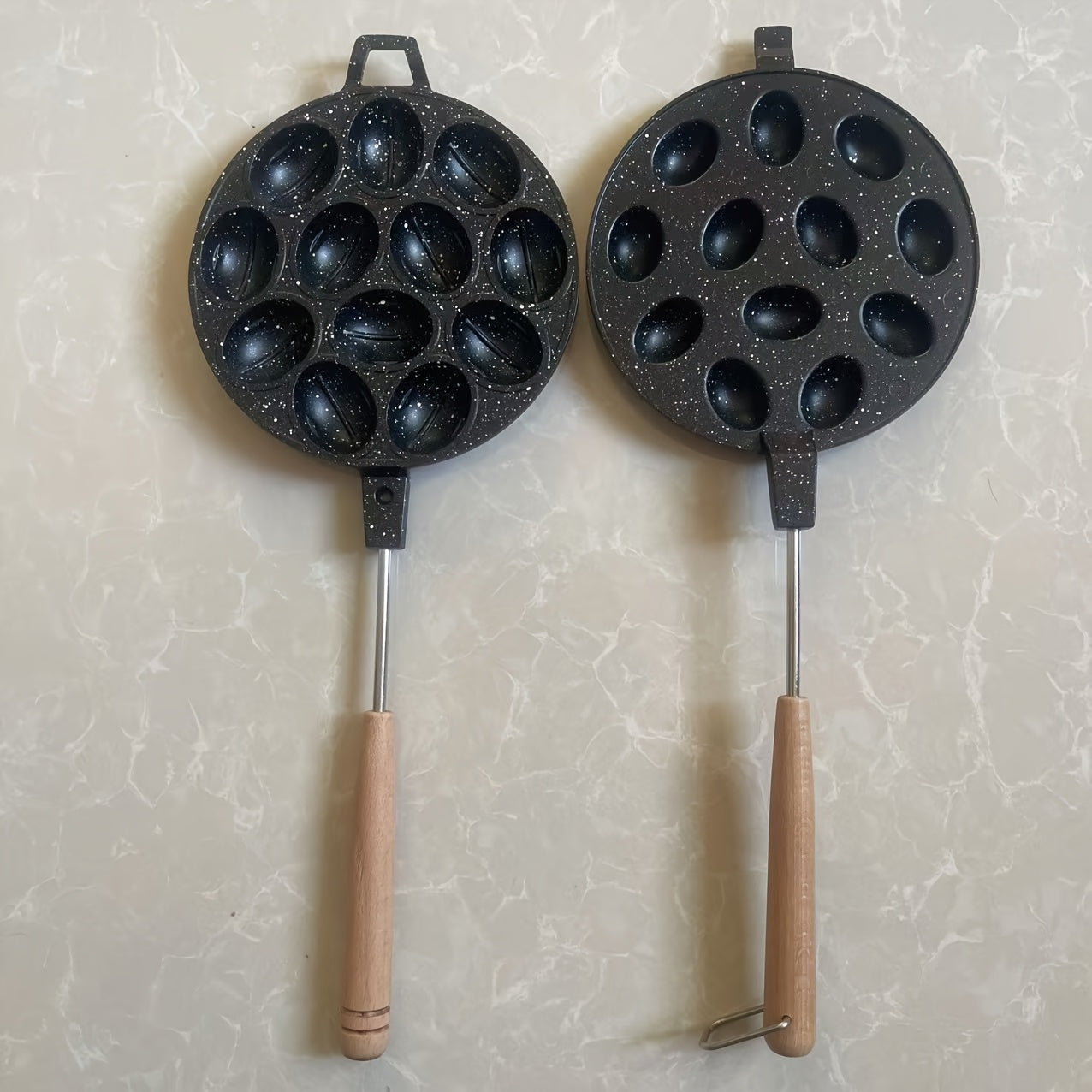 12-Cavity Non-Stick Baking Mold Pan with Wooden Handle for Waffles Cakes and Pancakes