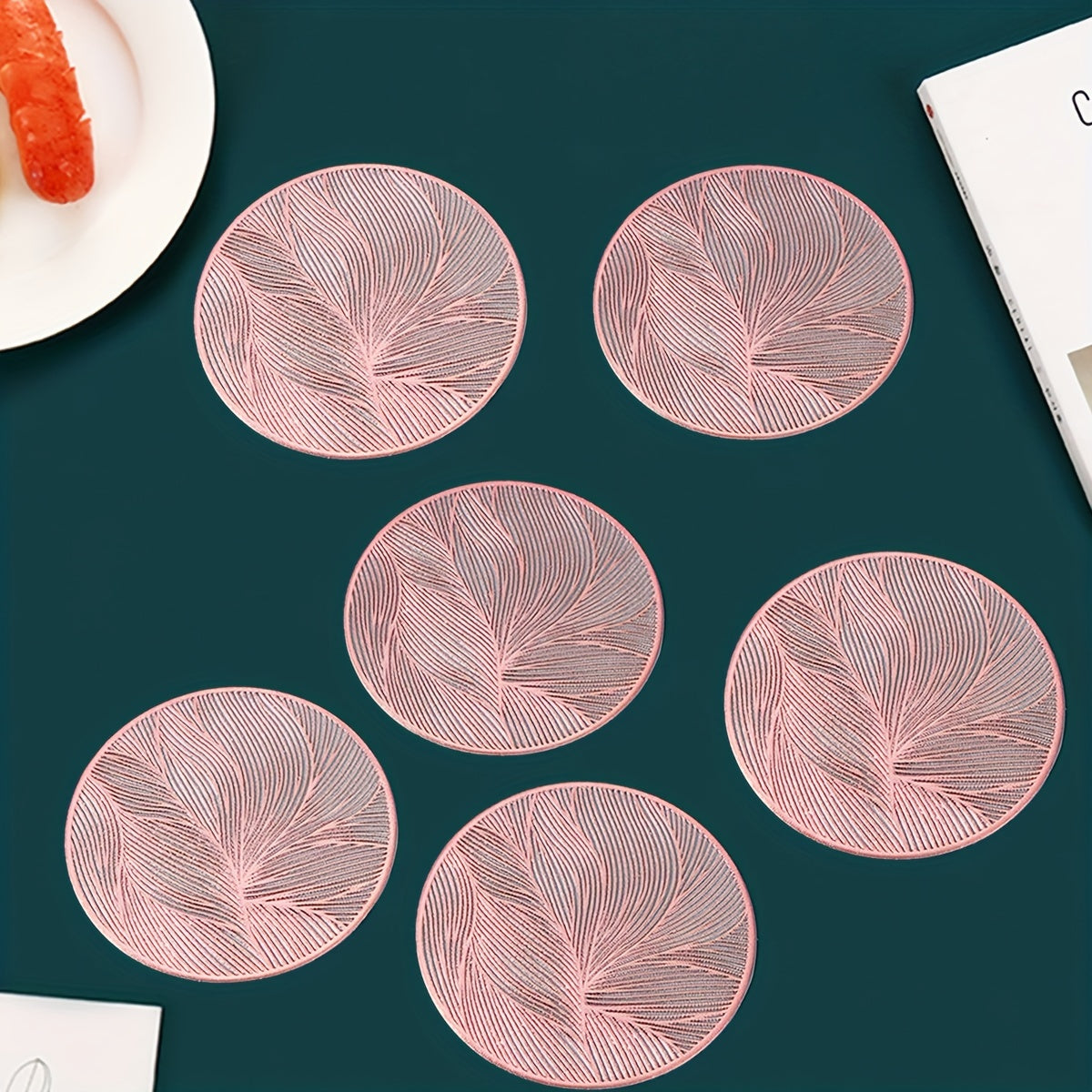 6 PVC Round Leaf Pattern Place Mats Heat Resistant Non-Slip for Dining and Events