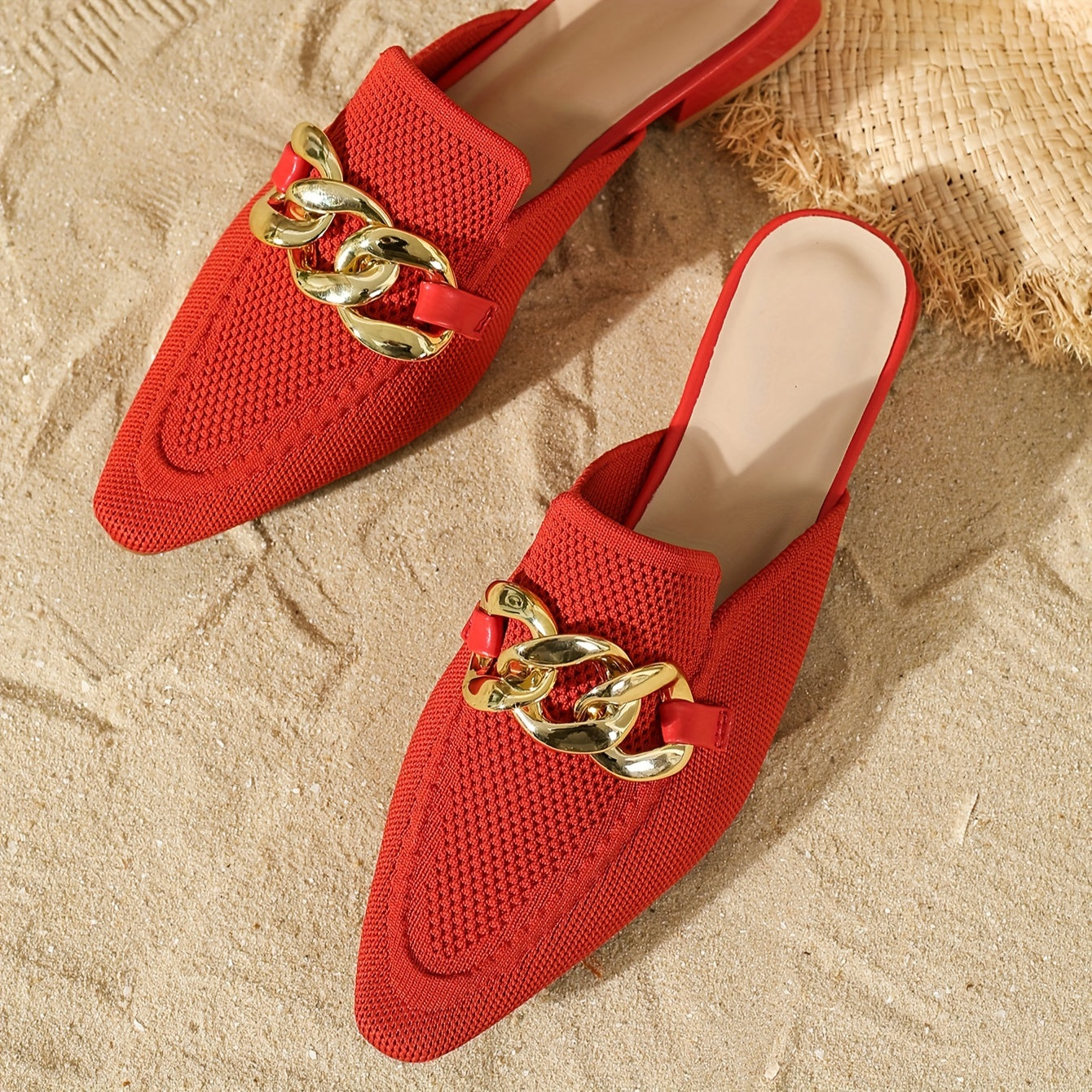 Women's Knitted Mules with Metallic Chain, Breathable Slip-On Shoes