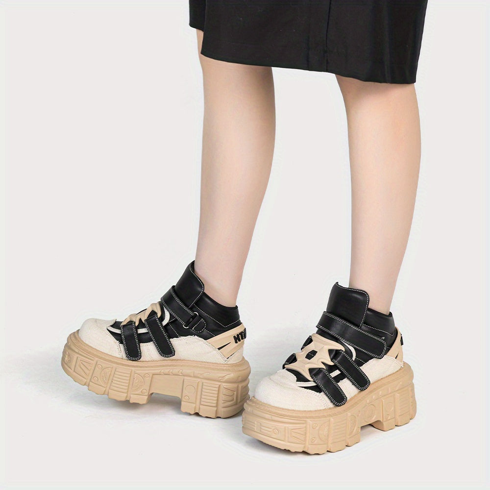 Women Punk Style High-Top Chunky Platform Ankle Boots Black White Accents