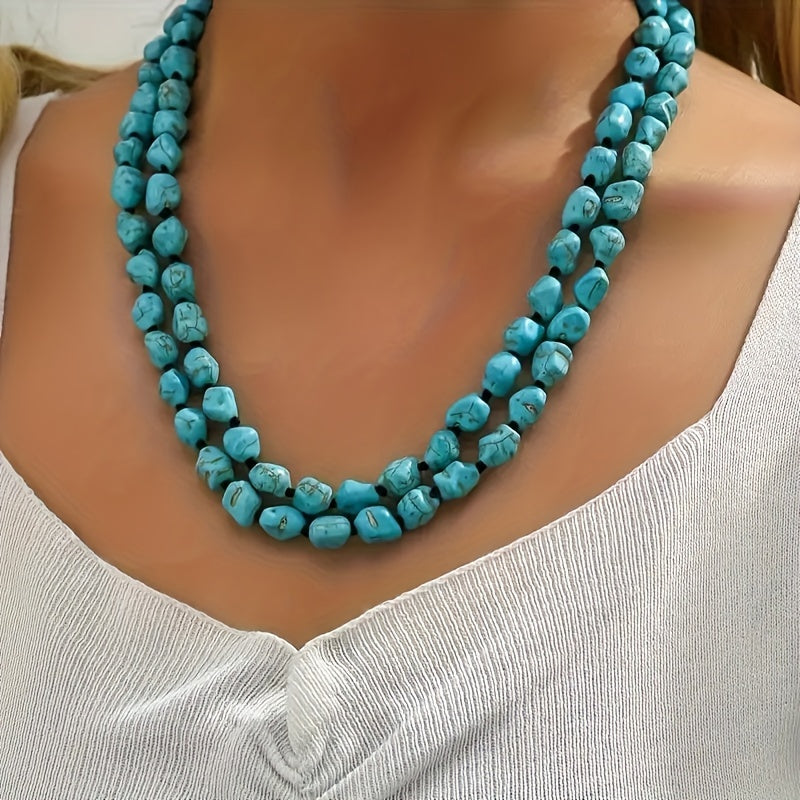 Винтажное богемное бирюзовое двуслойное ожерелье - стильное и уникальное, отличный подарок для нее, подходит для повседневной носки или для нарядов на мероприятия.
