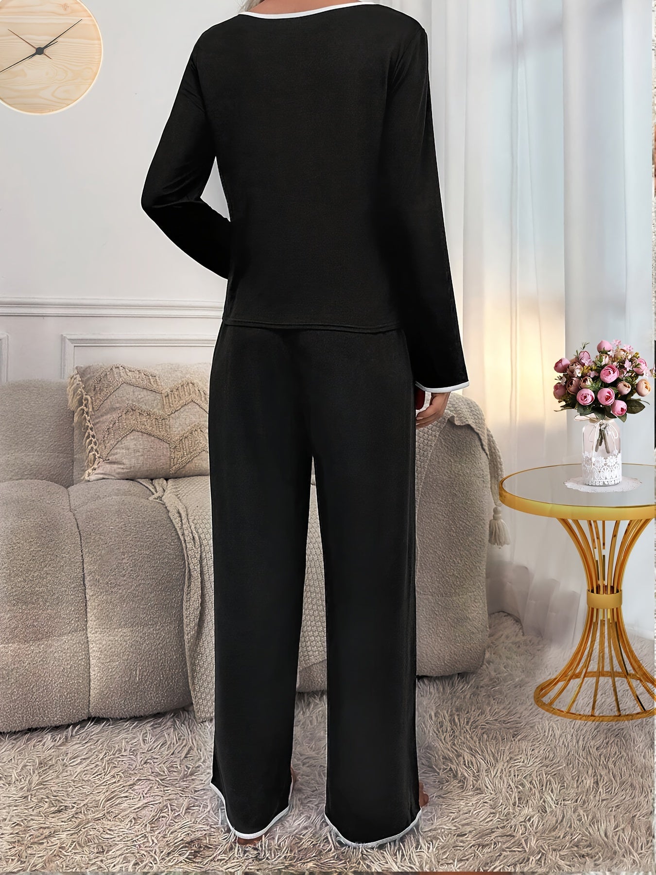 Women's Black Pajama Set with White Contrast Trim Long Sleeve Top and Elastic Waist Pants
