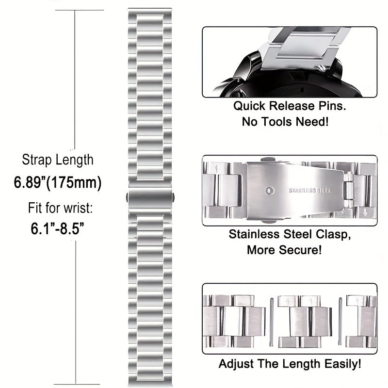 Stainless Steel Watch Band 20mm 22mm Compatible with Smartwatches and Traditional Watches