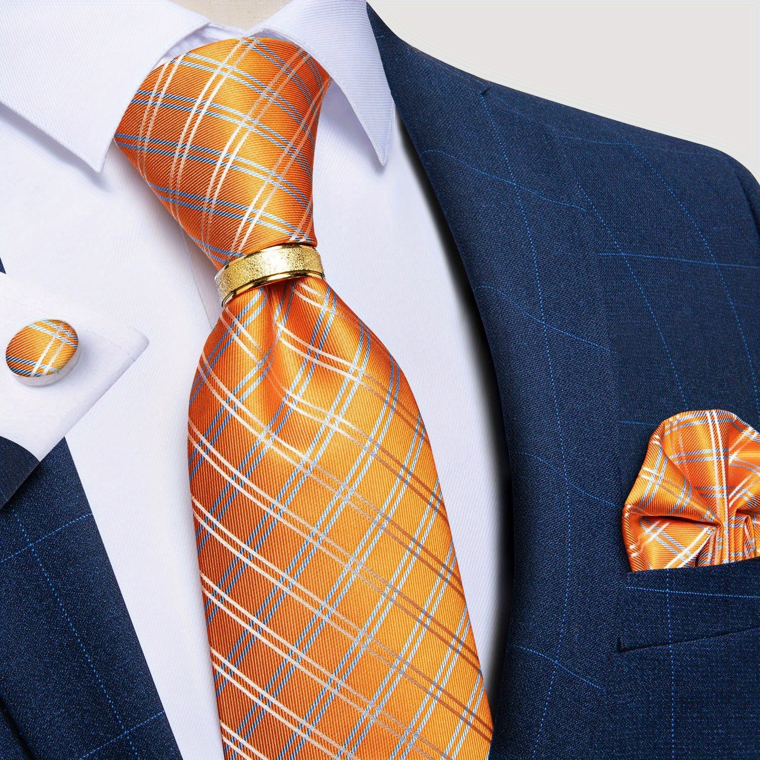 Men's Tie Set with Paisley Plaid and Striped Designs Including Pocket Square Cufflinks Ring