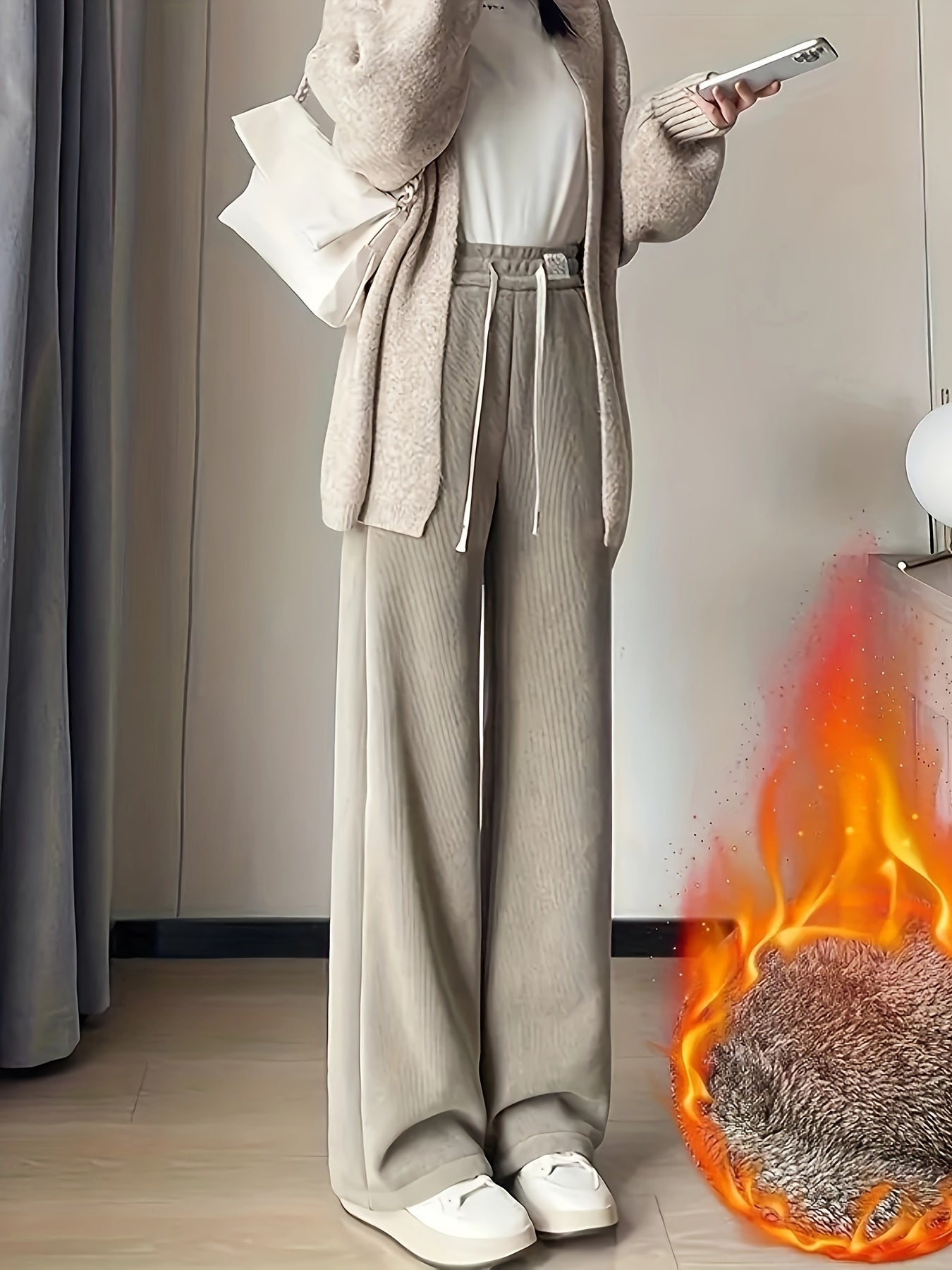 Plus Size Polyester Knit Long Pants Warm Fleece-Lined Corduroy Sweatpants for Autumn/Winter
