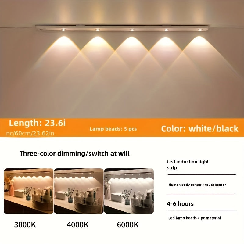 Rechargeable LED Strip Lights with Motion Sensor, 3-Color Dimming, USB Powered