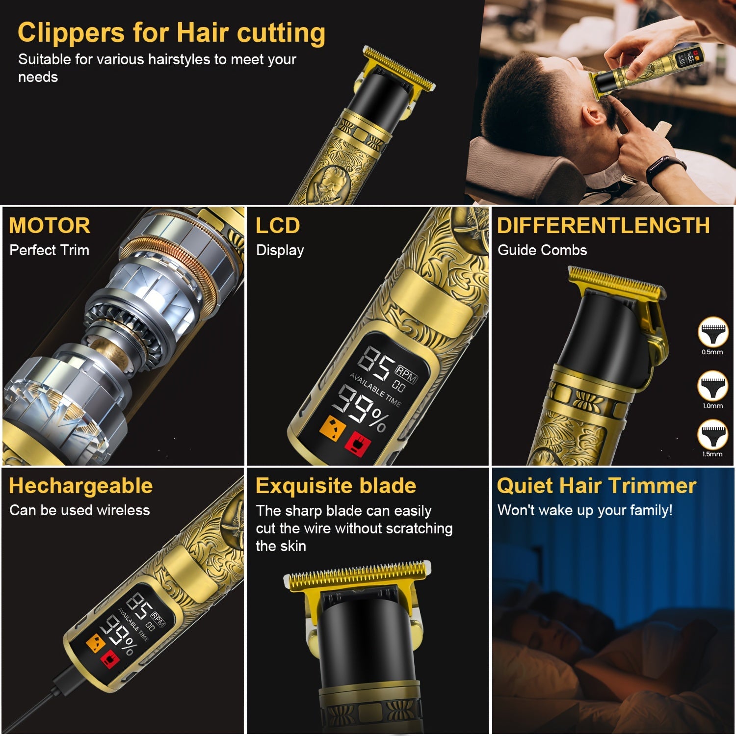 Professional USB Rechargeable Hair Clippers for Men Zero Gapped T-Blade Lithium Battery Guide Combs