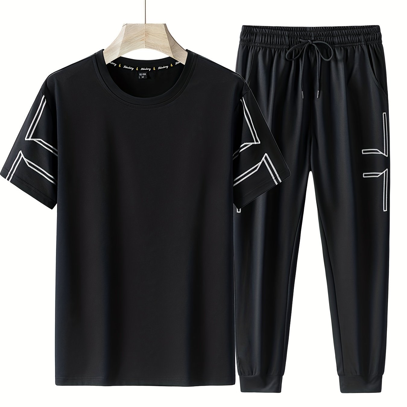 Men's Casual Outfit Geometric Line Pattern T-Shirt and Drawstring Jogger Pants