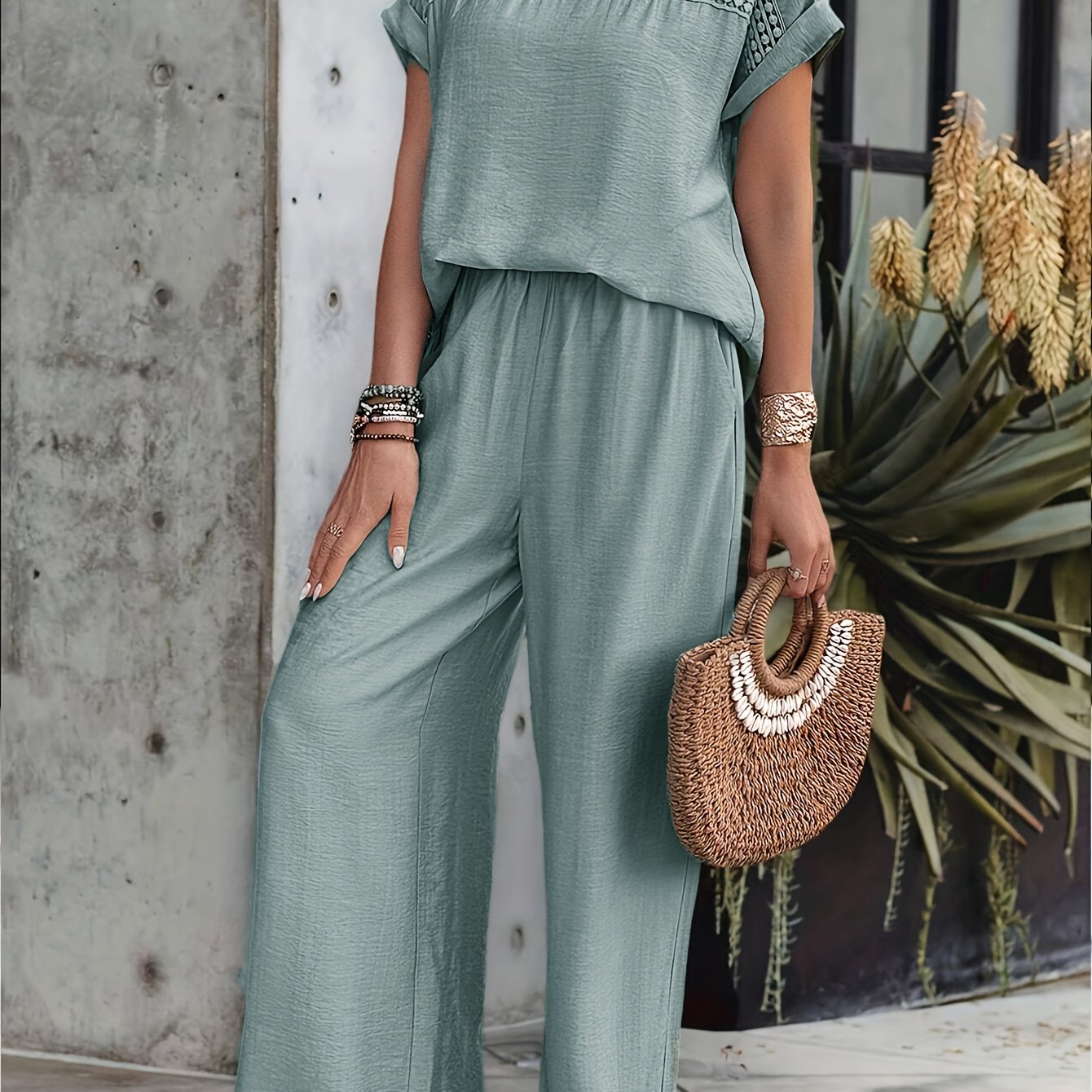 Women's Solid Color Pants Set with Lace Detailing for Spring and Summer