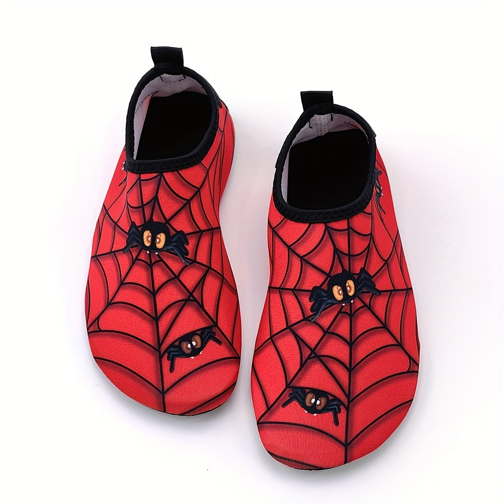 Kids Boys Girls Red Lightweight Beach Shoes with Cartoon Spider Web Design for Water Activities