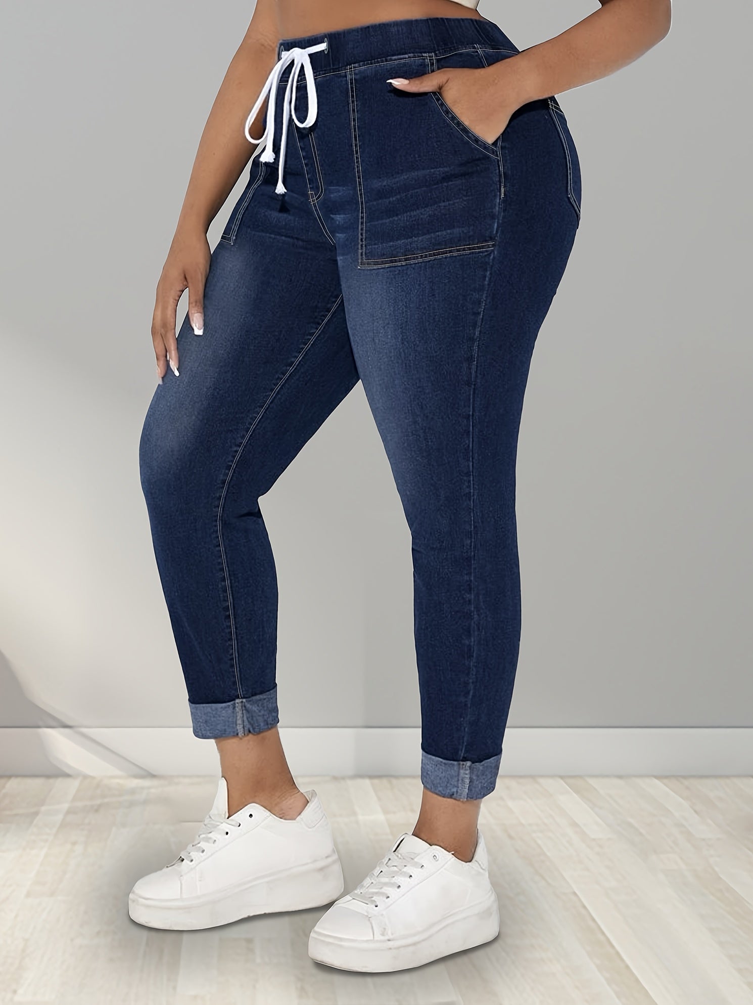 Women's Plus Size High Stretch Skinny Jeans with Roll-Up Hem and Pockets