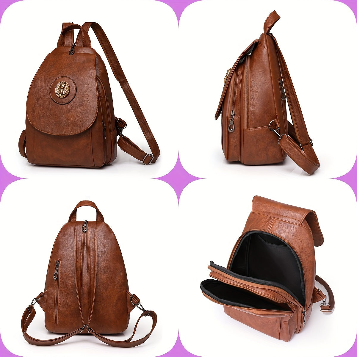Women's Faux Leather Backpack Retro Denim Style Adjustable Straps Multiple Compartments Black Beige Brown