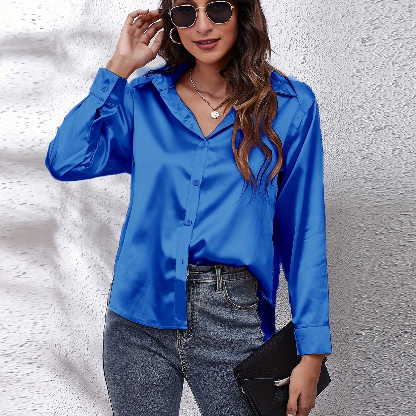 Women's Satin Shirt Long Sleeve Solid Color Lapel Collar Regular Length Single Breasted Elegant Polyester