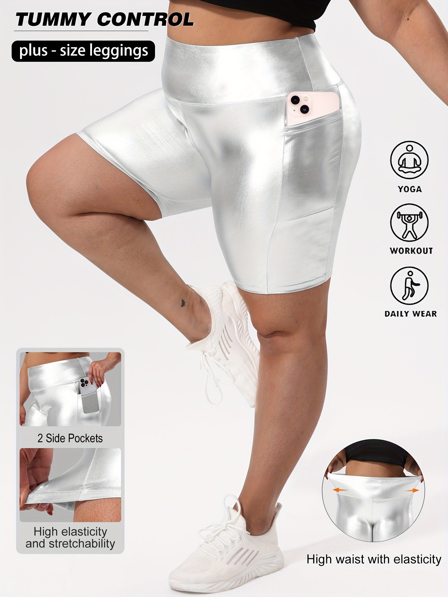 Women Plus Size High-Waist Gold Shorts with Pockets Casual Elastic Spring Summer