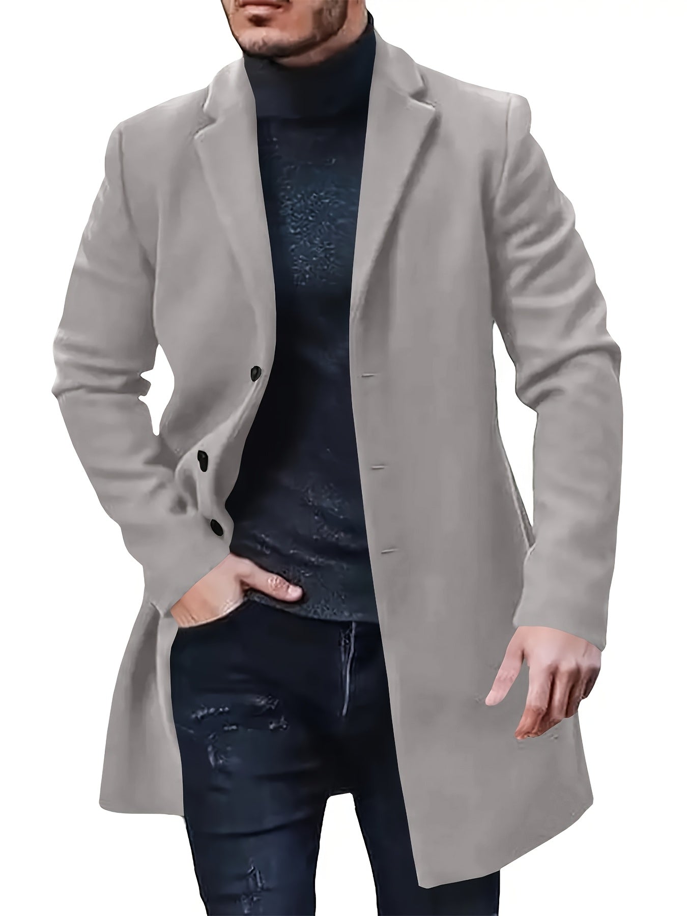 Men's Fall Winter Polyester Solid Color Long Sleeve Lapel Work Coat
