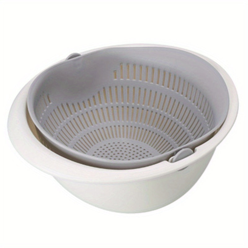 Single piece colander with two-tiered draining basket rotating plastic strainer reusable washing basket for kitchen
