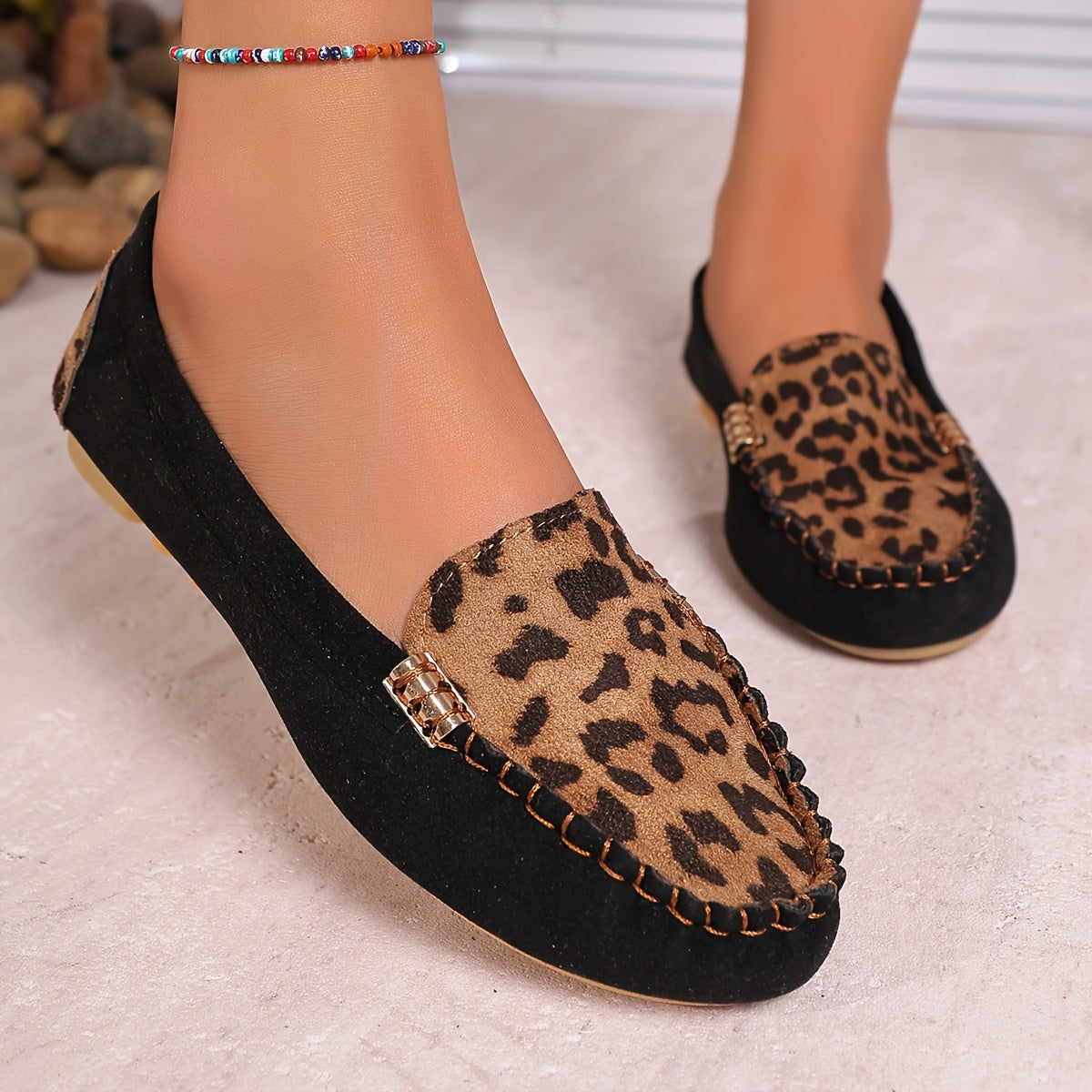 Women's Leopard Print Slip-On Flats with Rubber Sole and Metal Accents