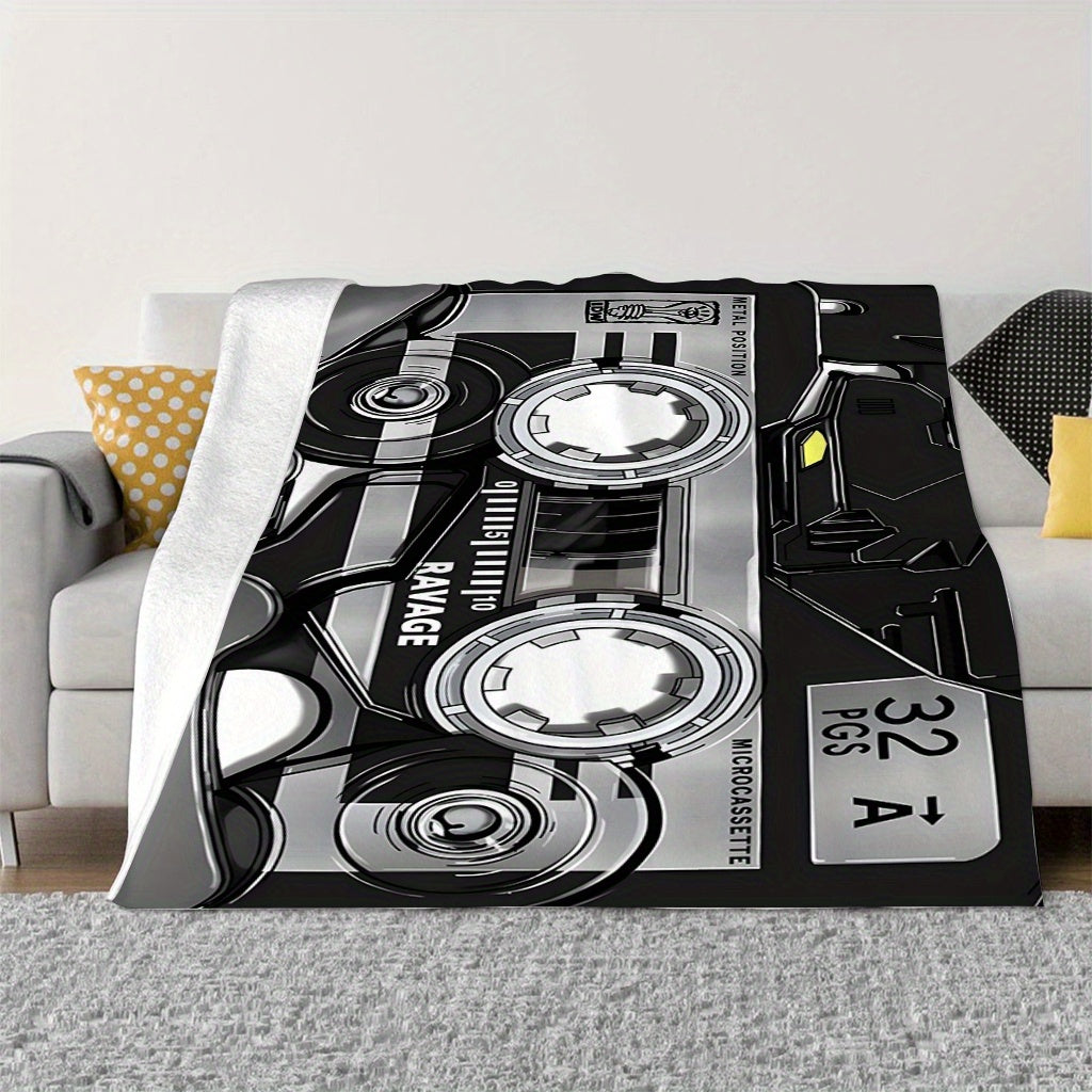 Flannel Fleece Throw Blanket with Retro Music Tape Player Design for Sofa Bed Travel Camping