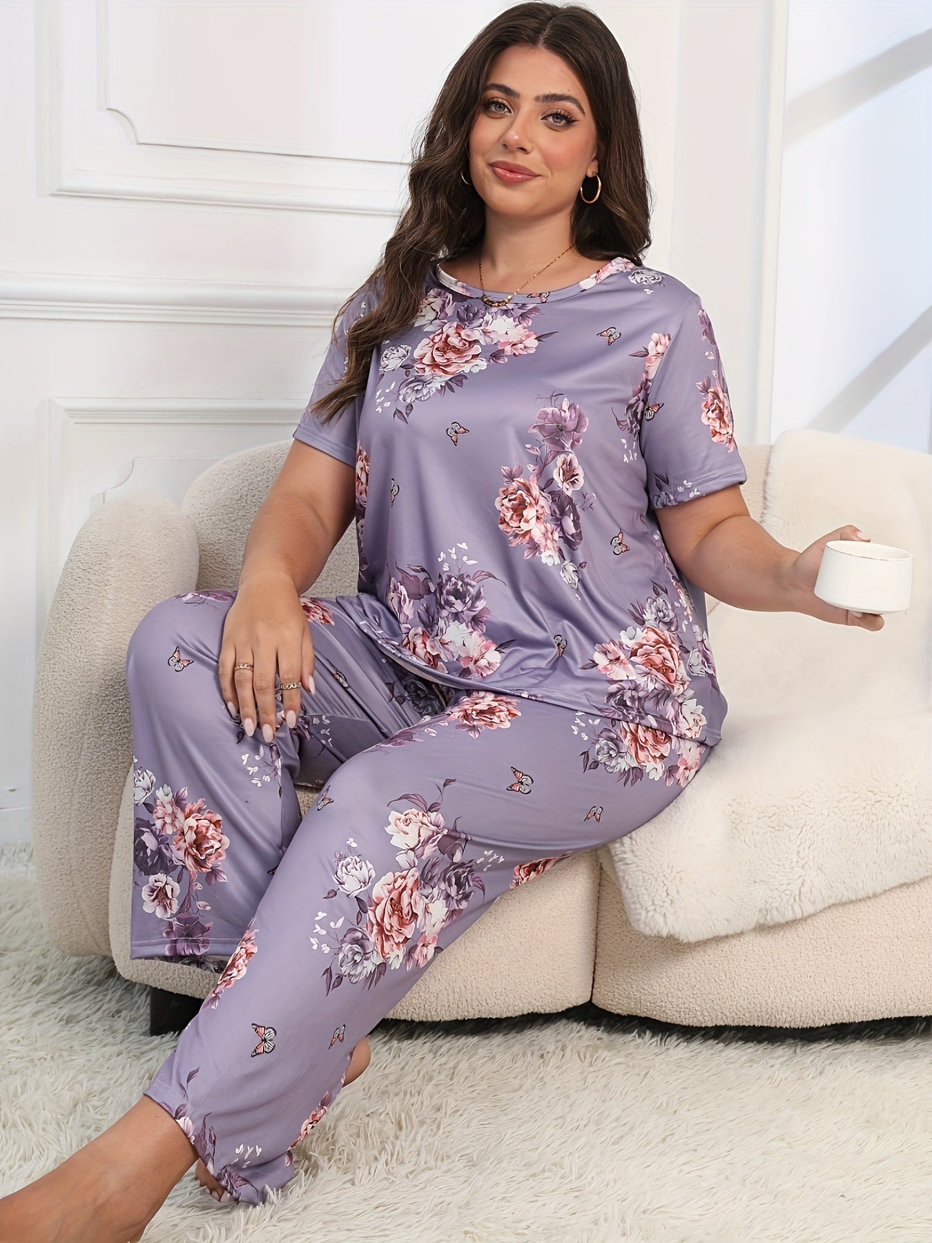 Plus Size Floral Knit Pajama Set with Short and Long Sleeves in Purple