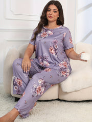 Plus Size Floral Knit Pajama Set with Short and Long Sleeves in Purple