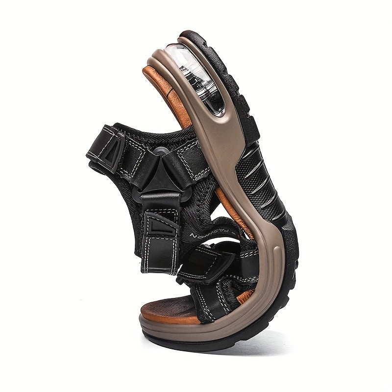 Sandalias de playa de cuero para hombre con punta abierta y suela deportiva gruesa, correas ajustables