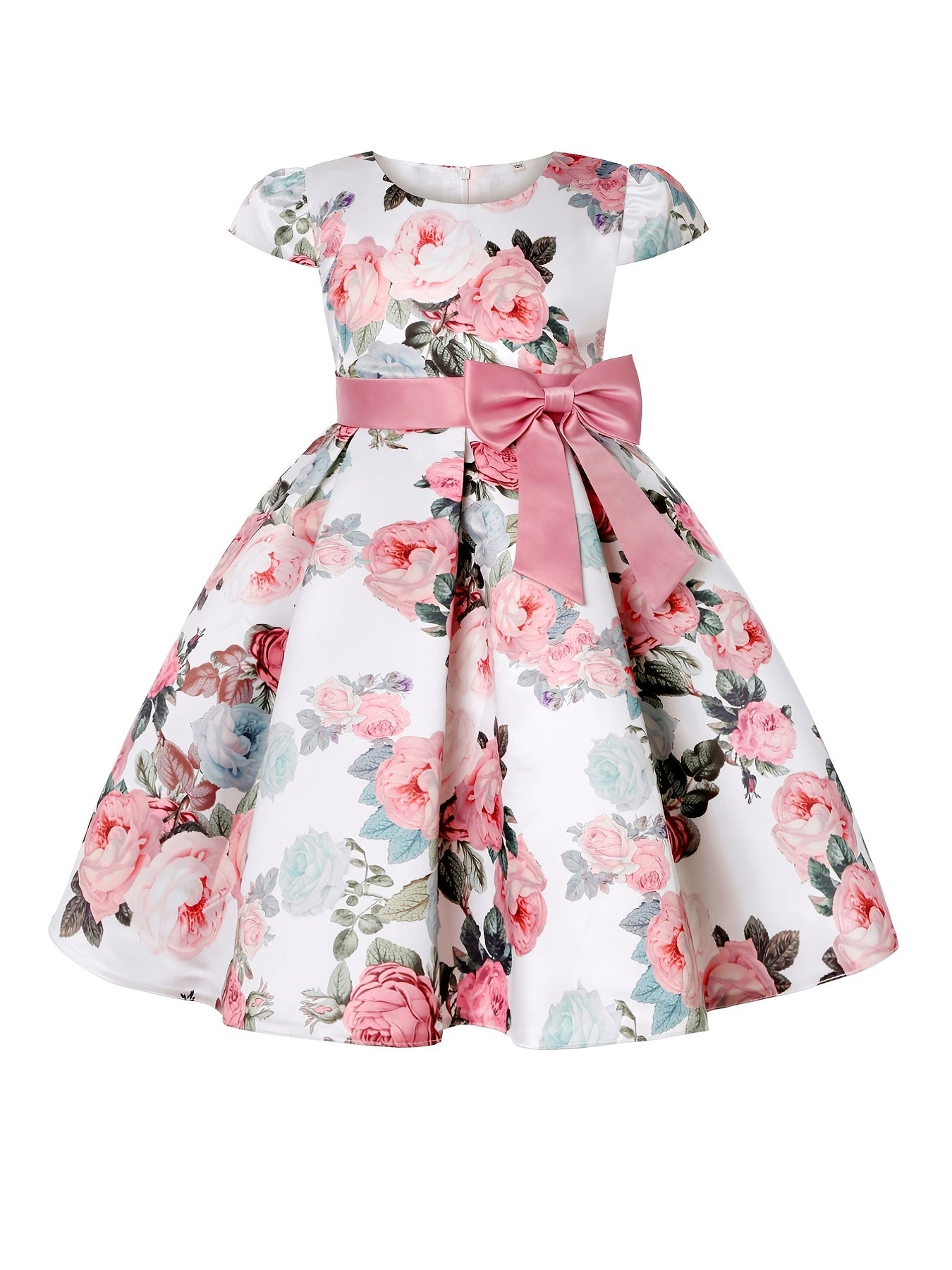 Girls Floral Print Midi Dress with Bowknot and Lace-up Details for Elegant Kids