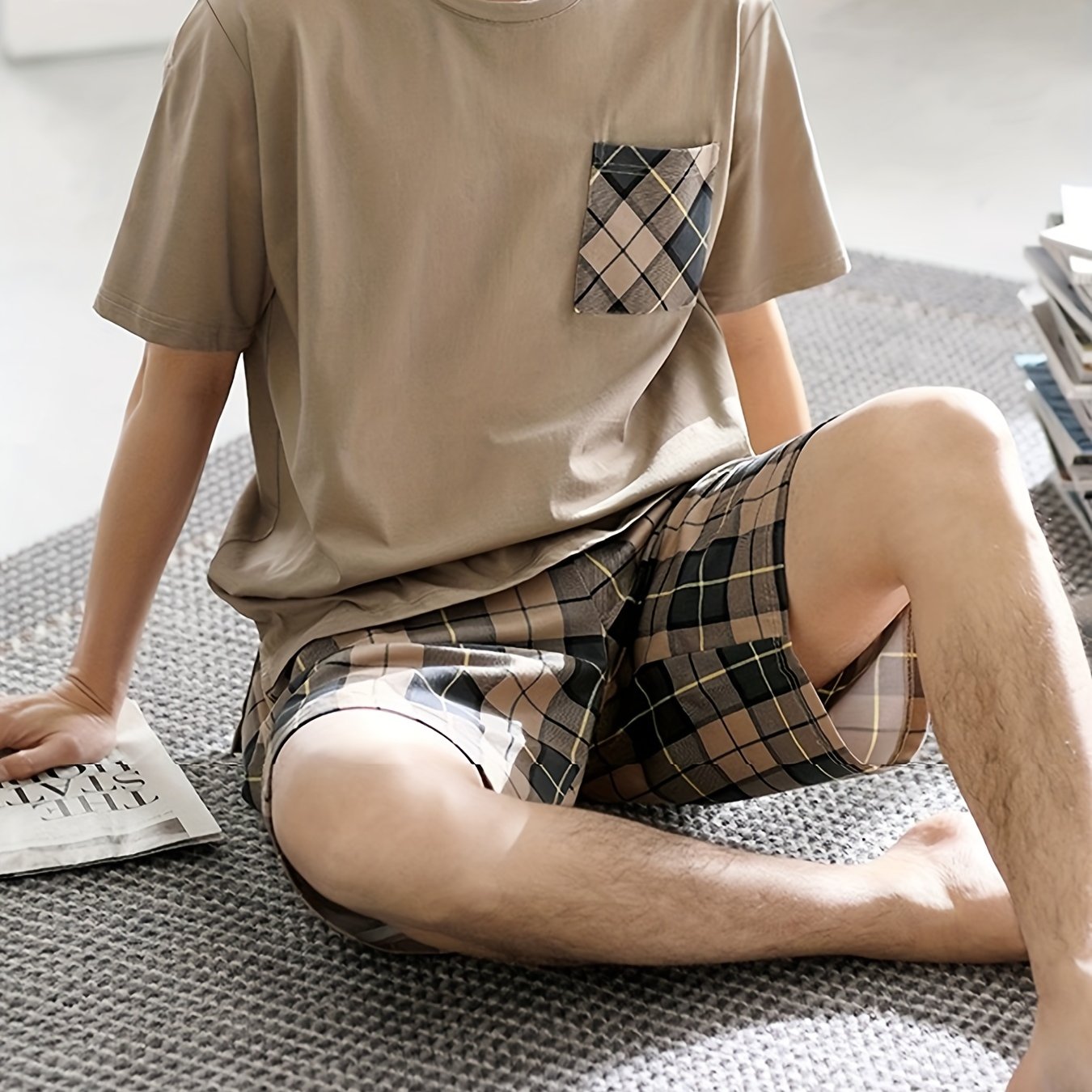 Men's Plaid Pajama Set Short Sleeve Shorts Comfortable Skin-Friendly Summer